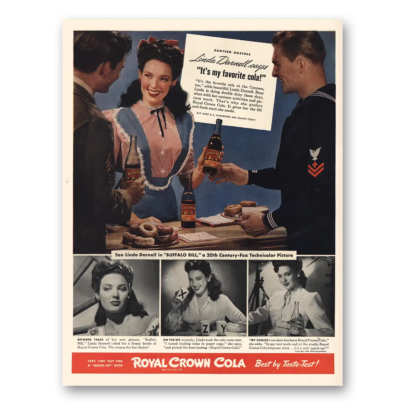 1943 Royal Crown Cola Linda Darnell Vintage Magazine Print Ad