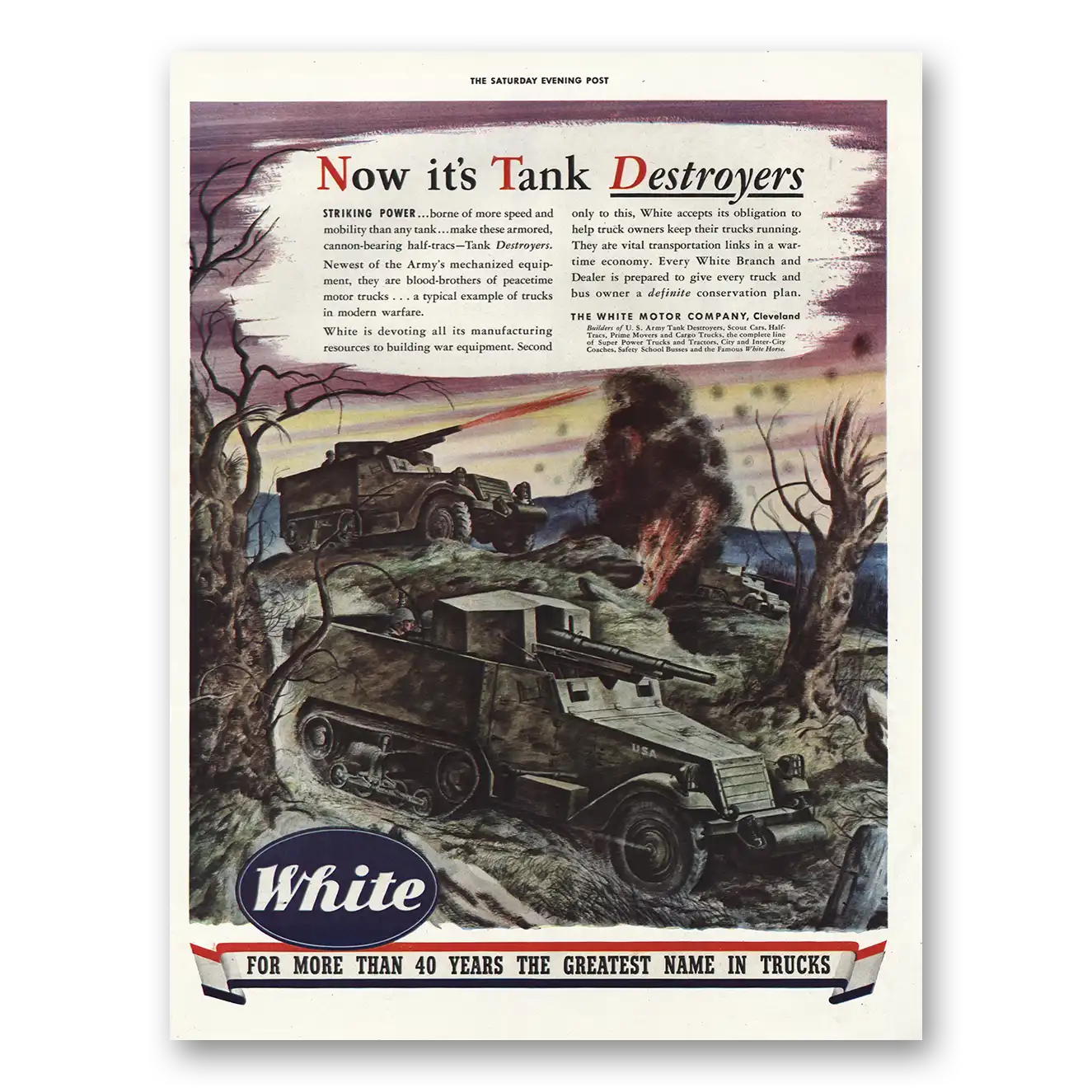 1943 White Trucks Tank Destroyers Vintage Magazine Print Ad