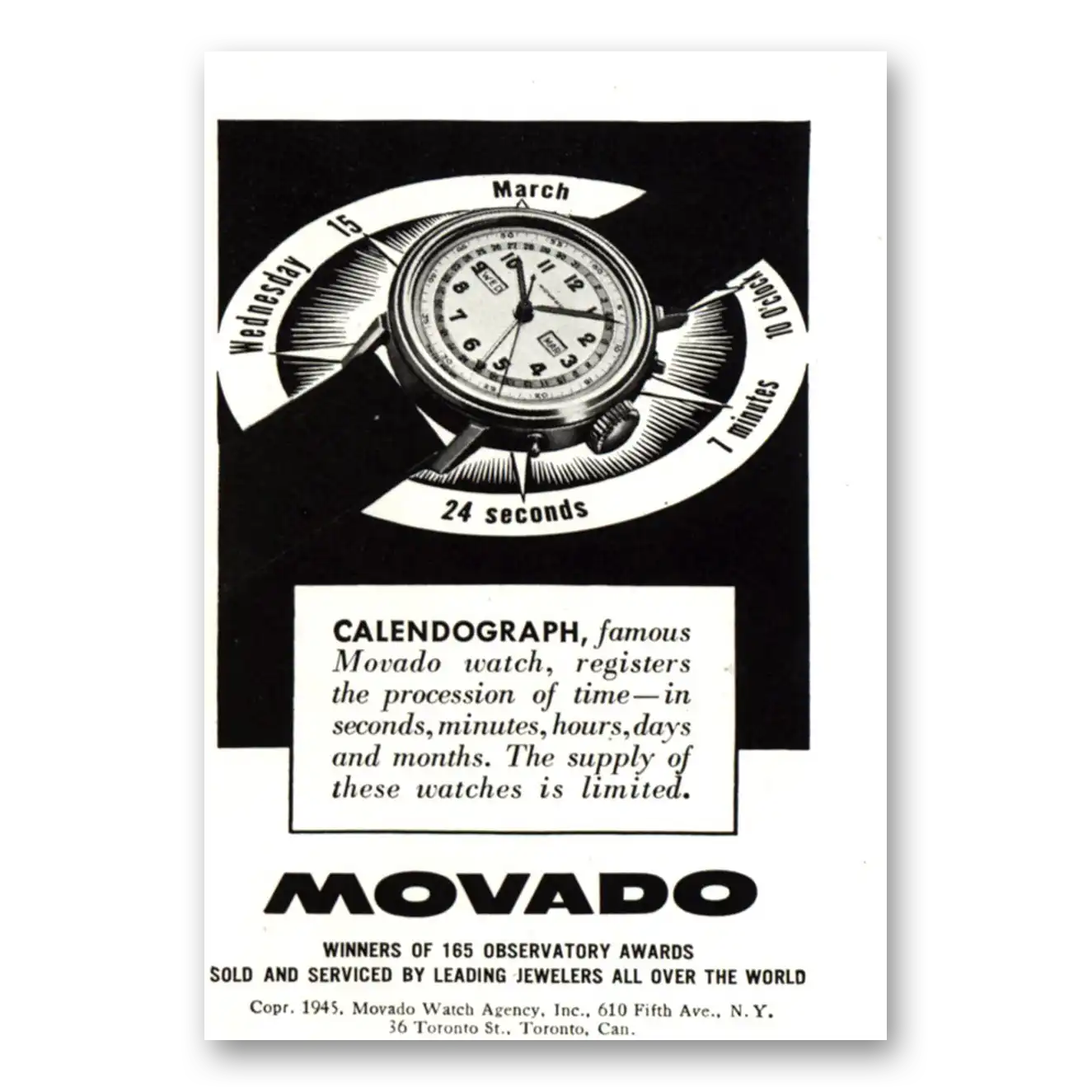 1944 Movado Watch Calendograph Registers the Procession of Time Vintage Magazine Print Ad