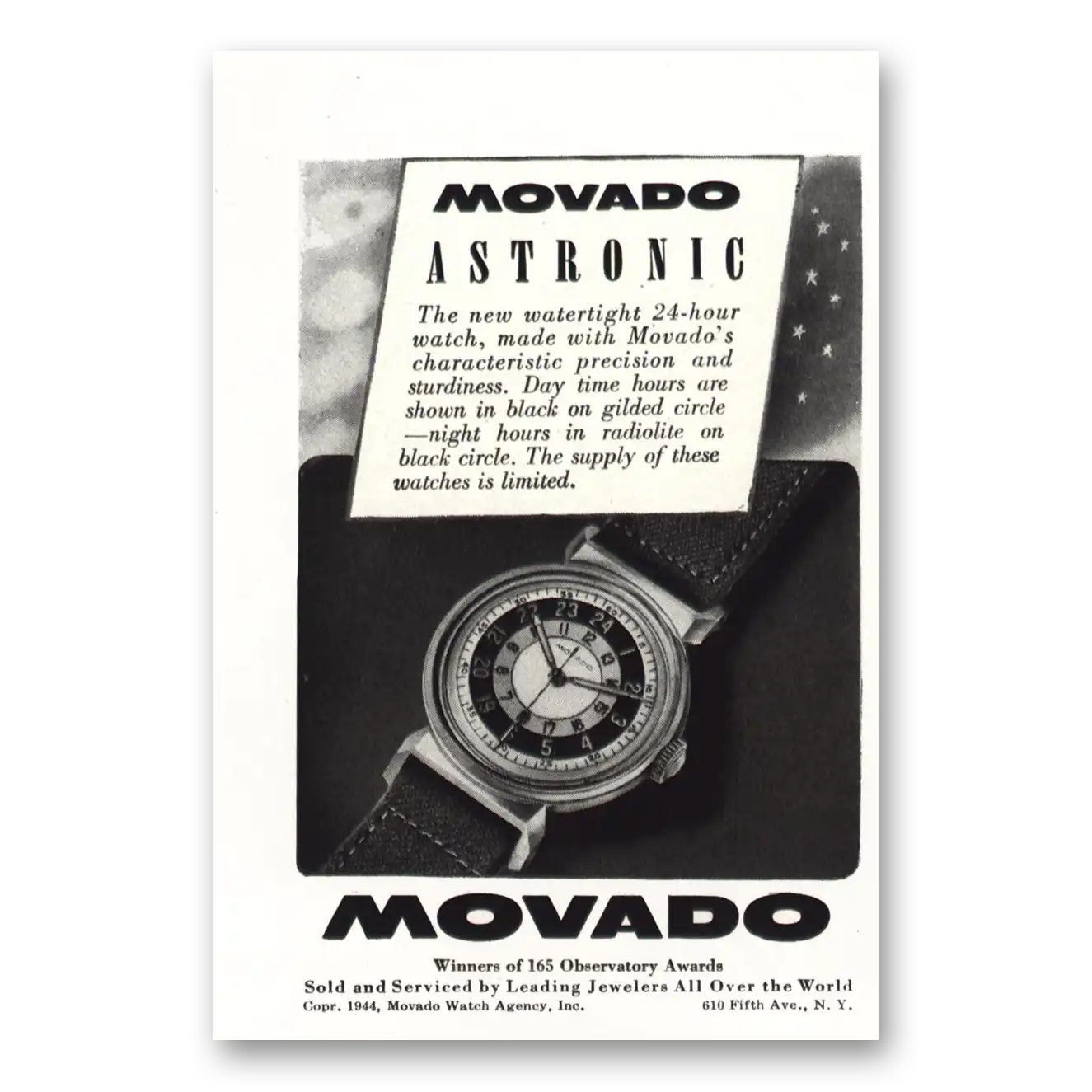 1944 Movado Watch Astronic Watertight 24 Hour Watch Vintage Magazine Print Ad