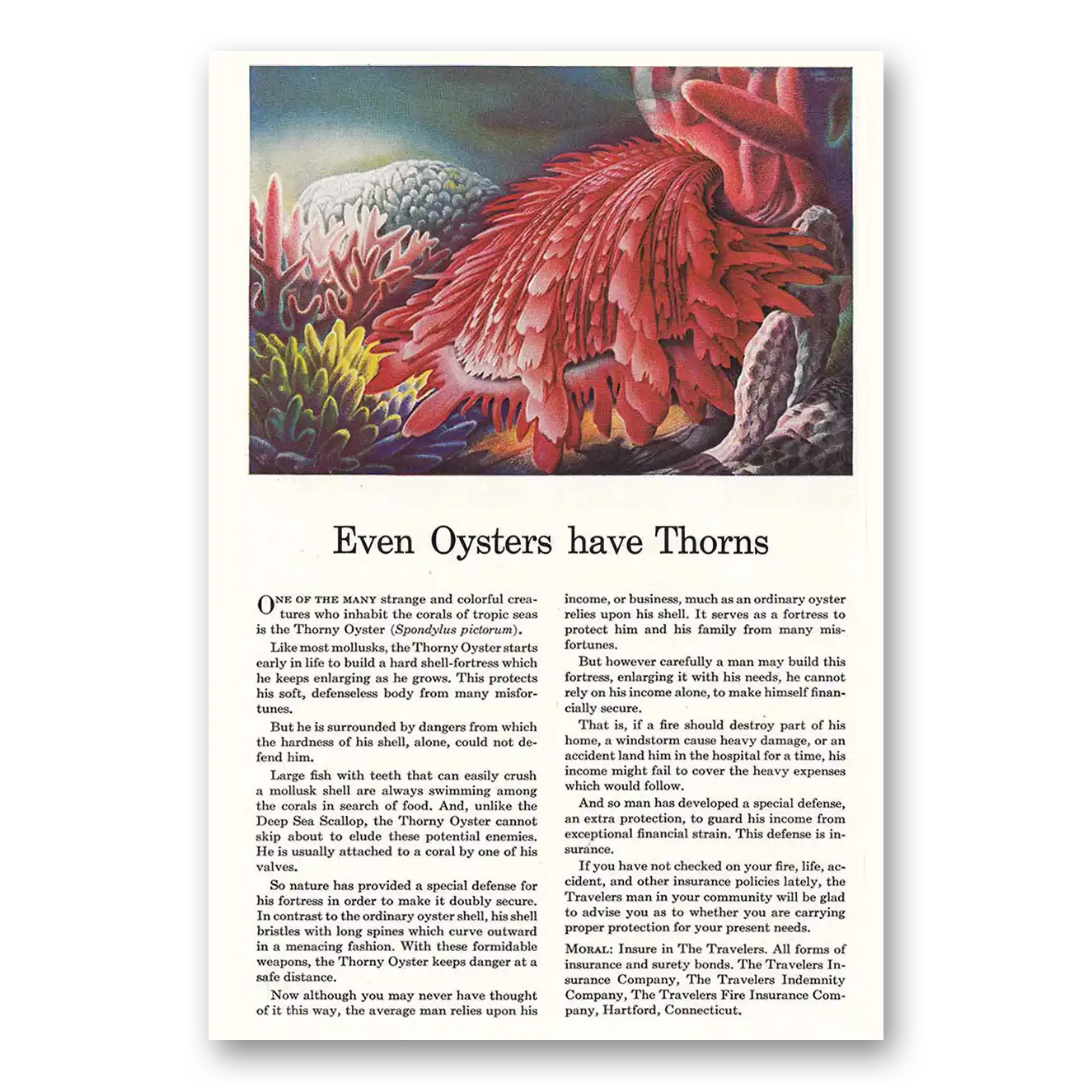 1944 Travelers Insurance Even Oysters Have Thorns Vintage Magazine Print Ad