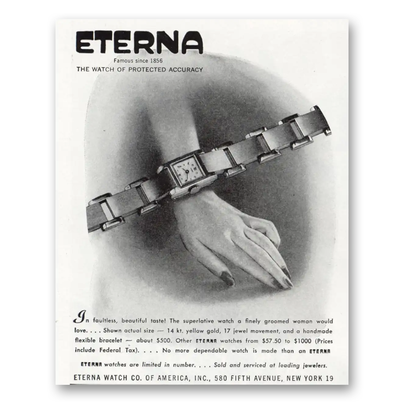 1945 Eterna Watch Faultless Beautiful Taste Vintage Magazine Print Ad