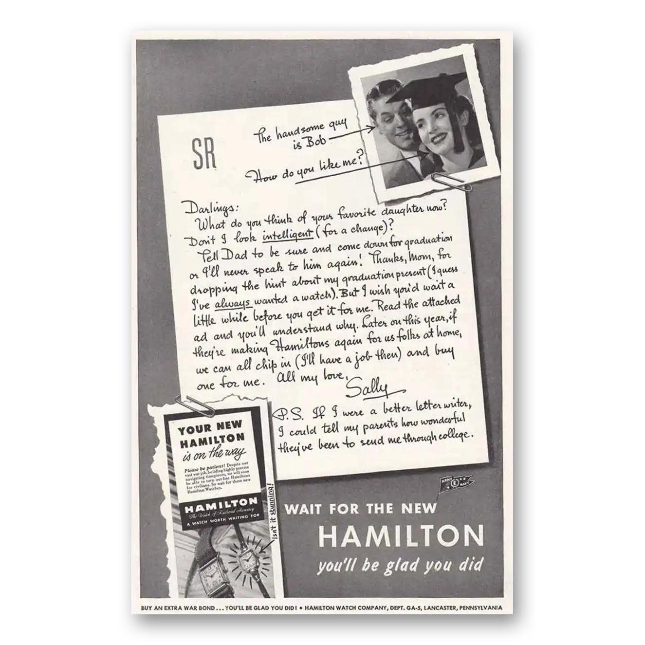 1945 Hamilton Watch Handsome Guy is Bob Vintage Magazine Print Ad