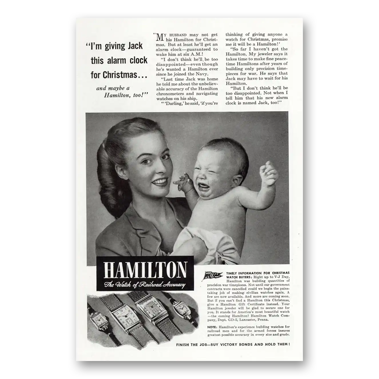 1945 Hamilton Watch Giving Jack This Alarm Clock Vintage Magazine Print Ad