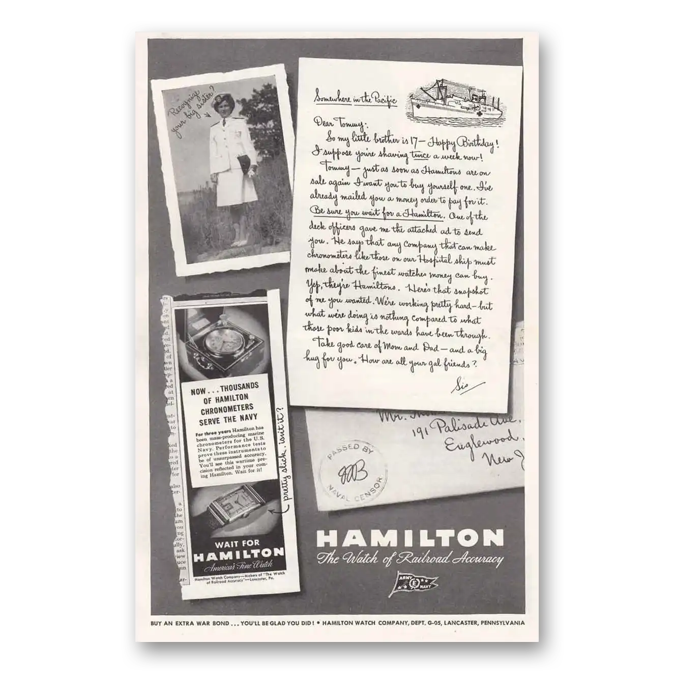 1945 Hamilton Watch Somewhere in the Pacific Letter Vintage Magazine Print Ad