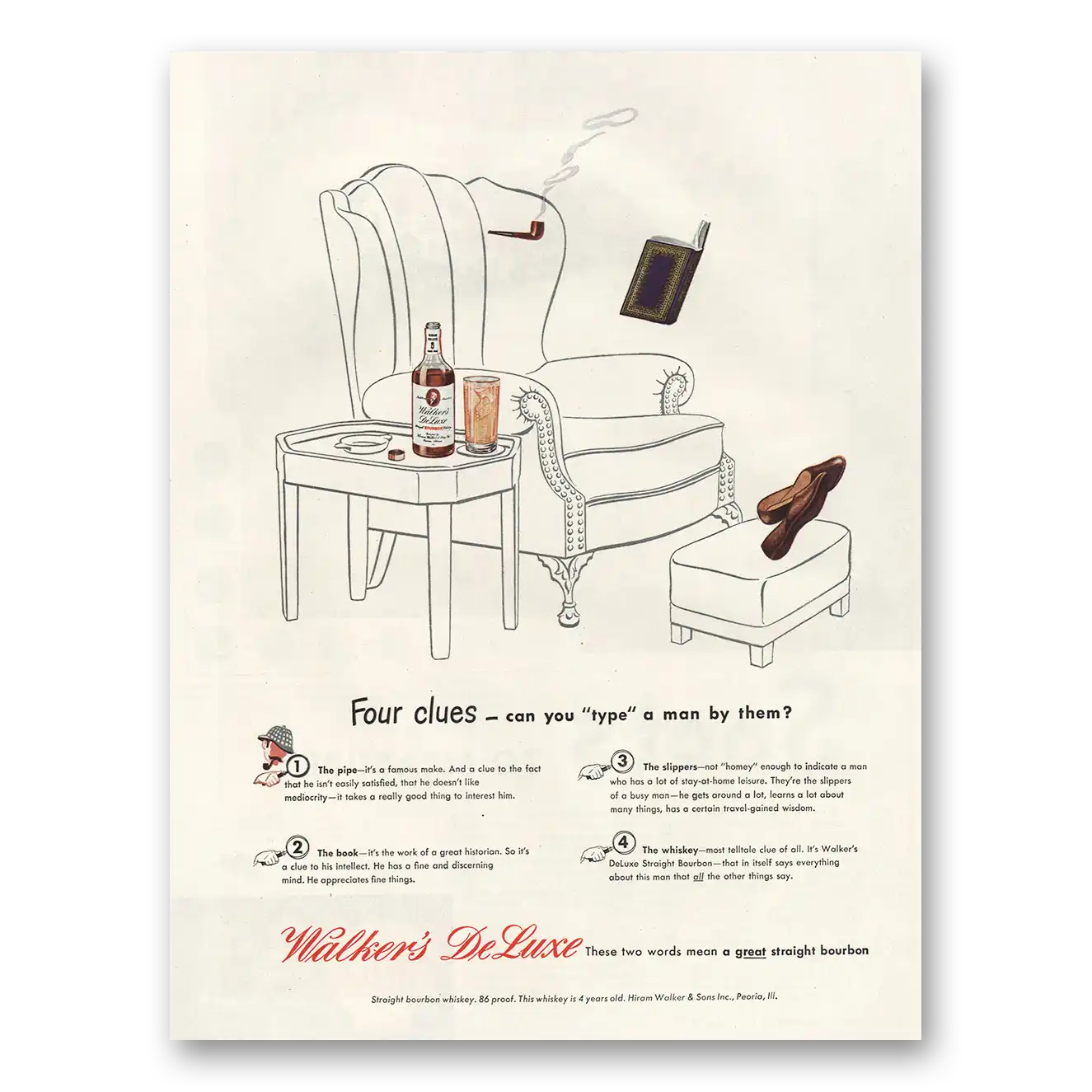1945 Walkers DeLuxe Four Clues Can You Type Man Vintage Magazine Print Ad
