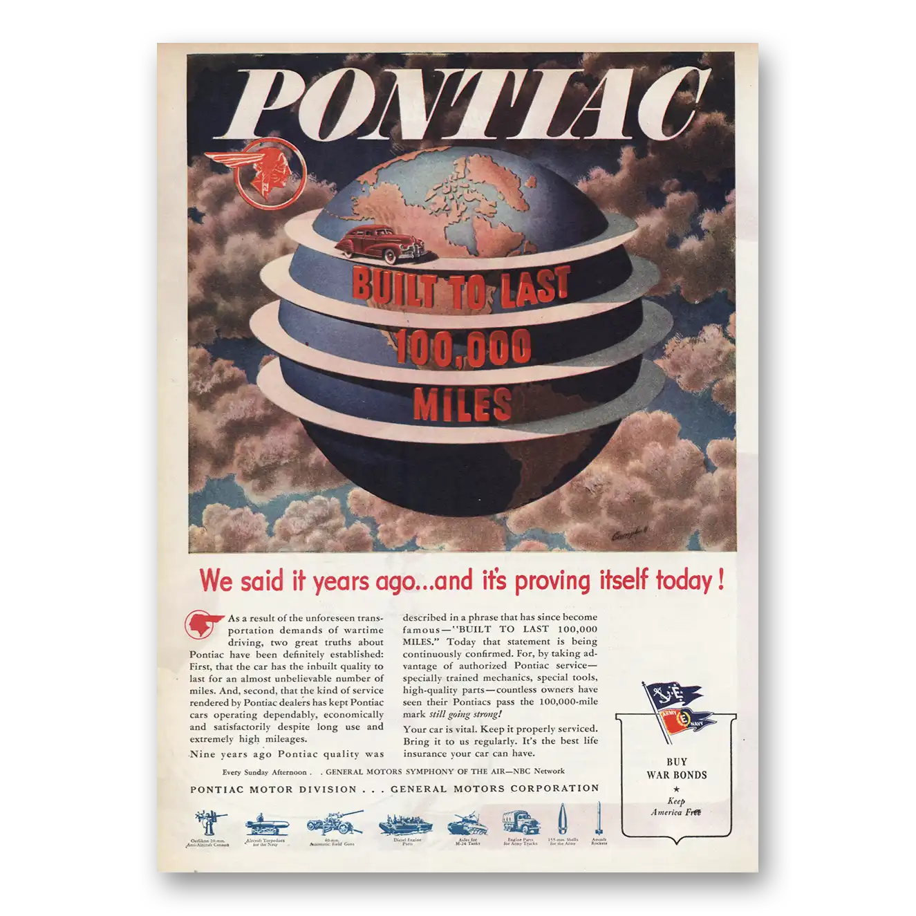 1945 Pontiac Built To Last 100000 Miles Vintage Magazine Print Ad