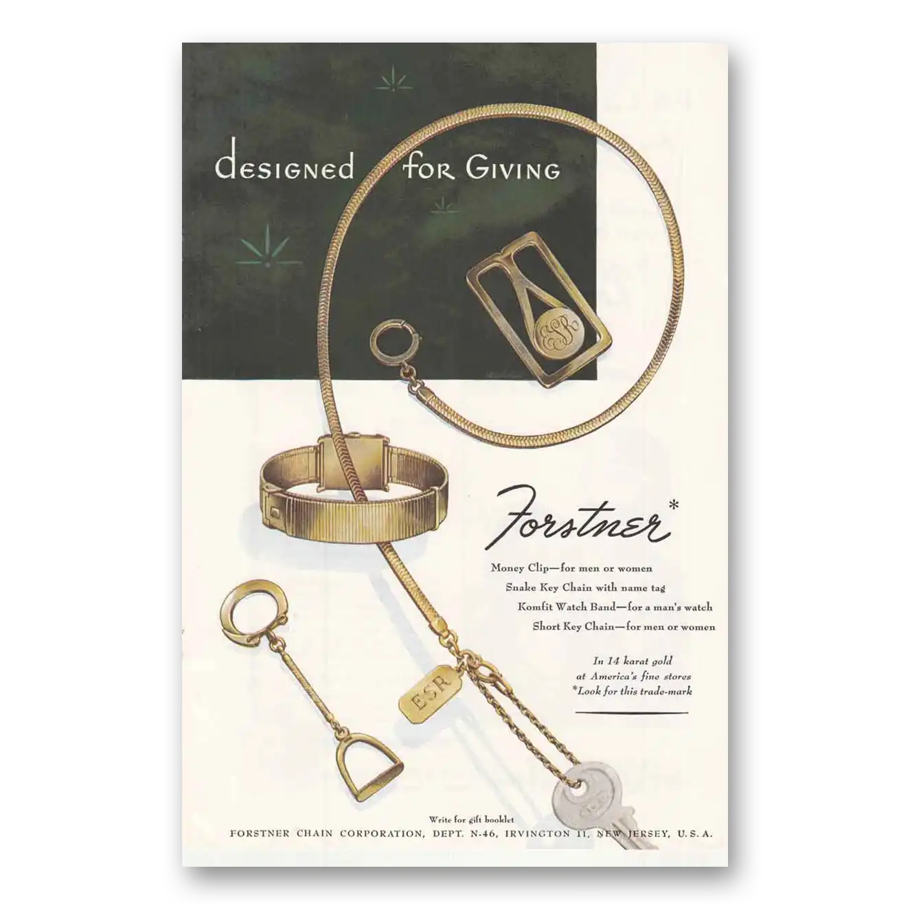 1946 Forstner Money Clip Snake Key Chain Komfit Watch Vintage Magazine Print Ad