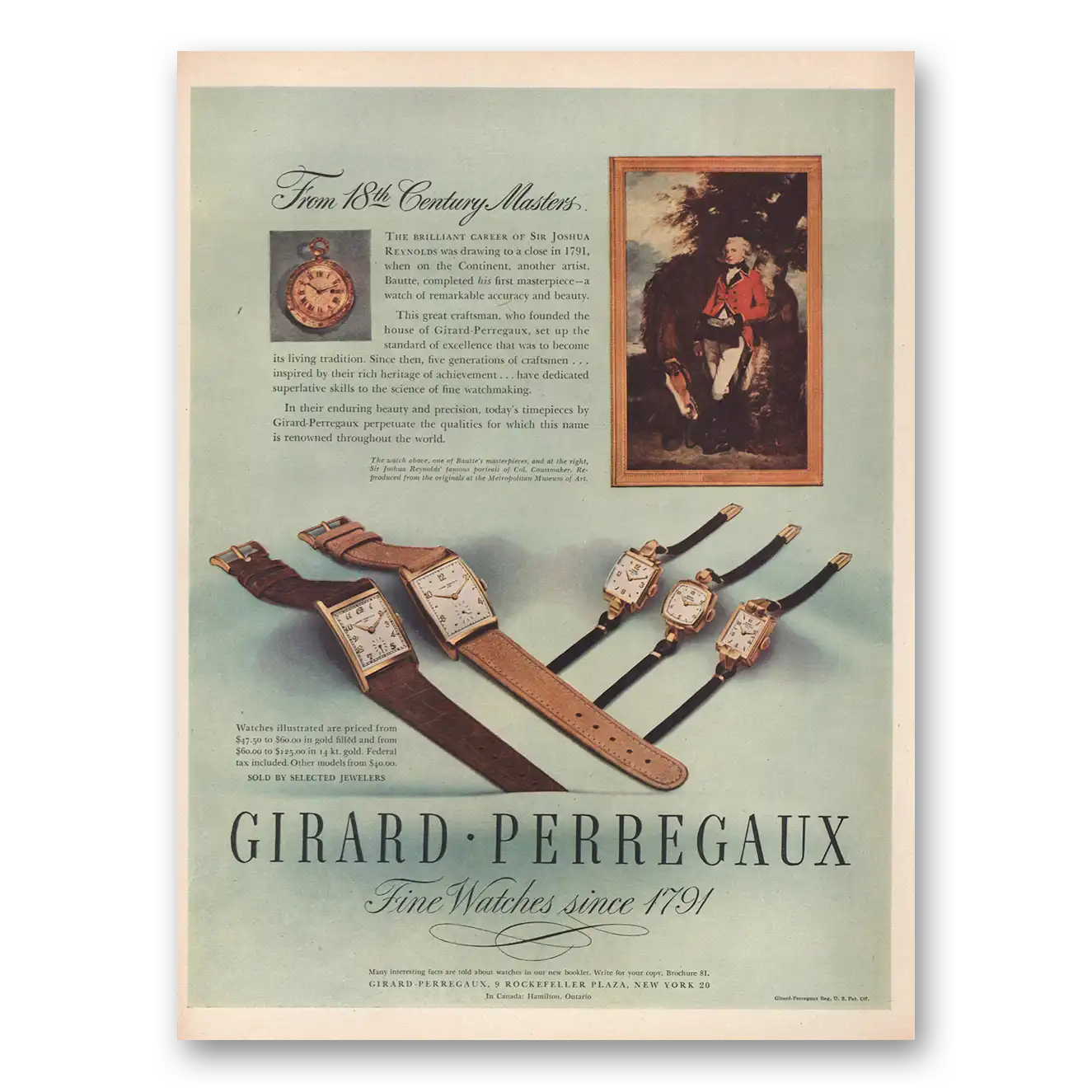 1946 Girard Perregaux From 18th Century Masters Bautte Vintage Magazine Print Ad