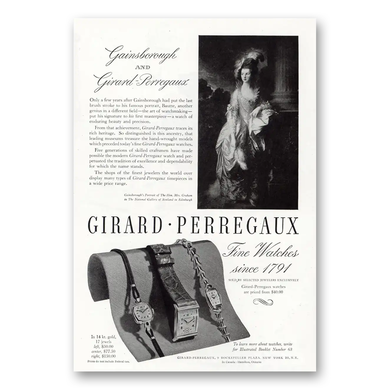 1946 Girard Perregaux Gainsborough Vintage Magazine Print Ad