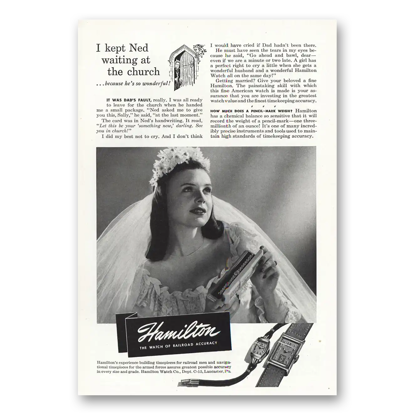 1946 Hamilton Watch Kept Ned Waiting At Church Vintage Magazine Print Ad