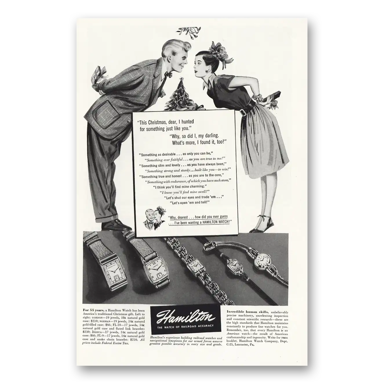 1946 Hamilton Watch Mistletoe This Christmas Vintage Magazine Print Ad