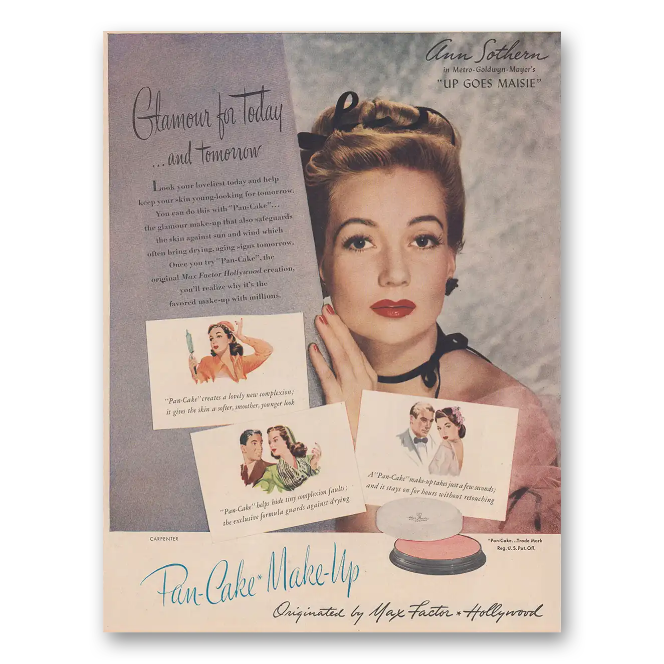 1946 Max Factor Pan Cake Make Up Ann Sothern Up Goes Maisie Vintage Magazine Print Ad