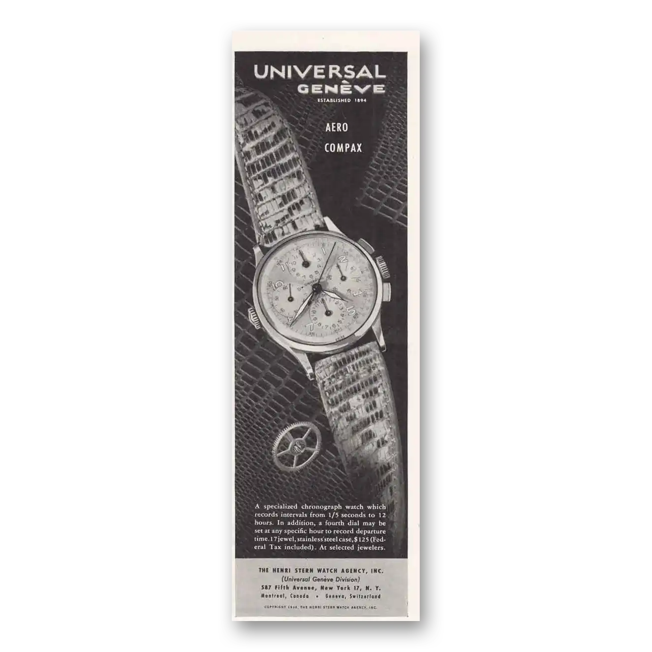 1946 Universal Geneve Watch Aero Compax Vintage Magazine Print Ad