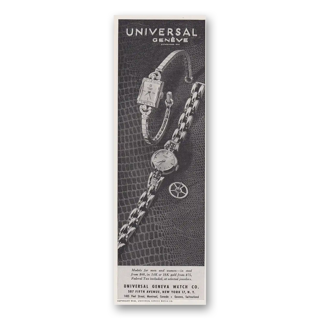 1946 Universal Geneve Watch Models for Men and Women Vintage Magazine Print Ad