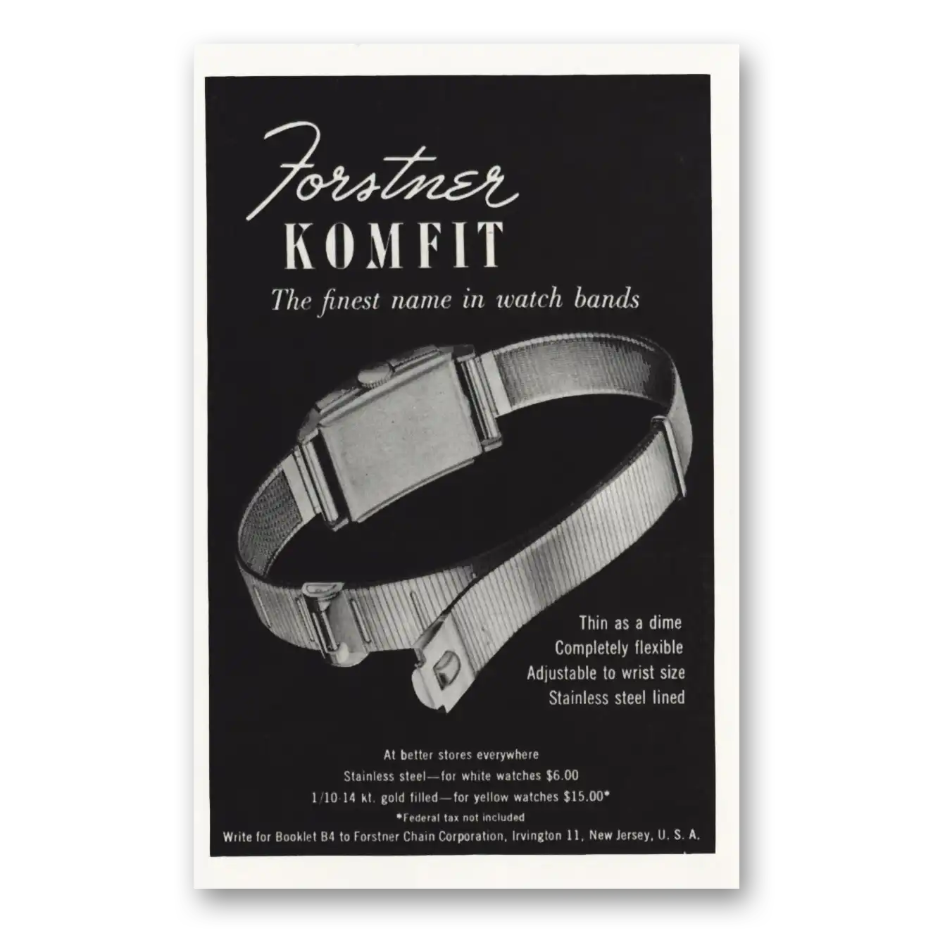 1947 Forstner Finest Name In Watch Bands Vintage Magazine Print Ad