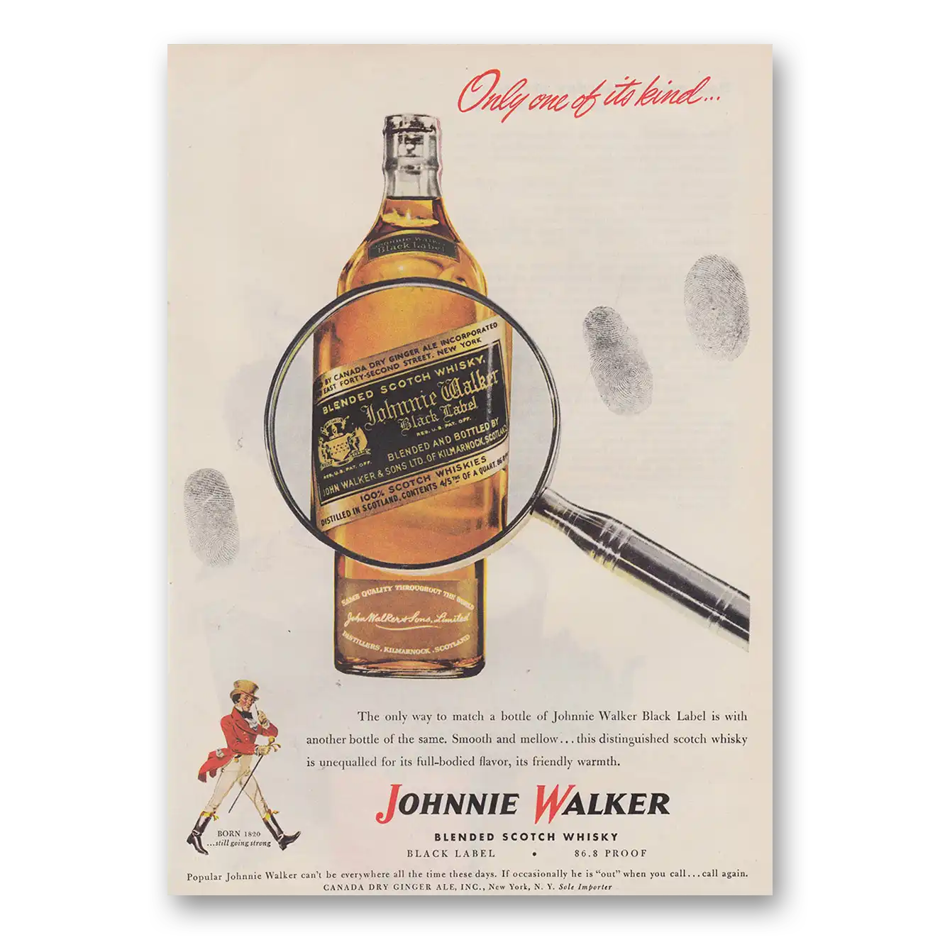 1947 Johnnie Walker Black Label Only One of Its Kind Fingerprints Vintage Magazine Print Ad