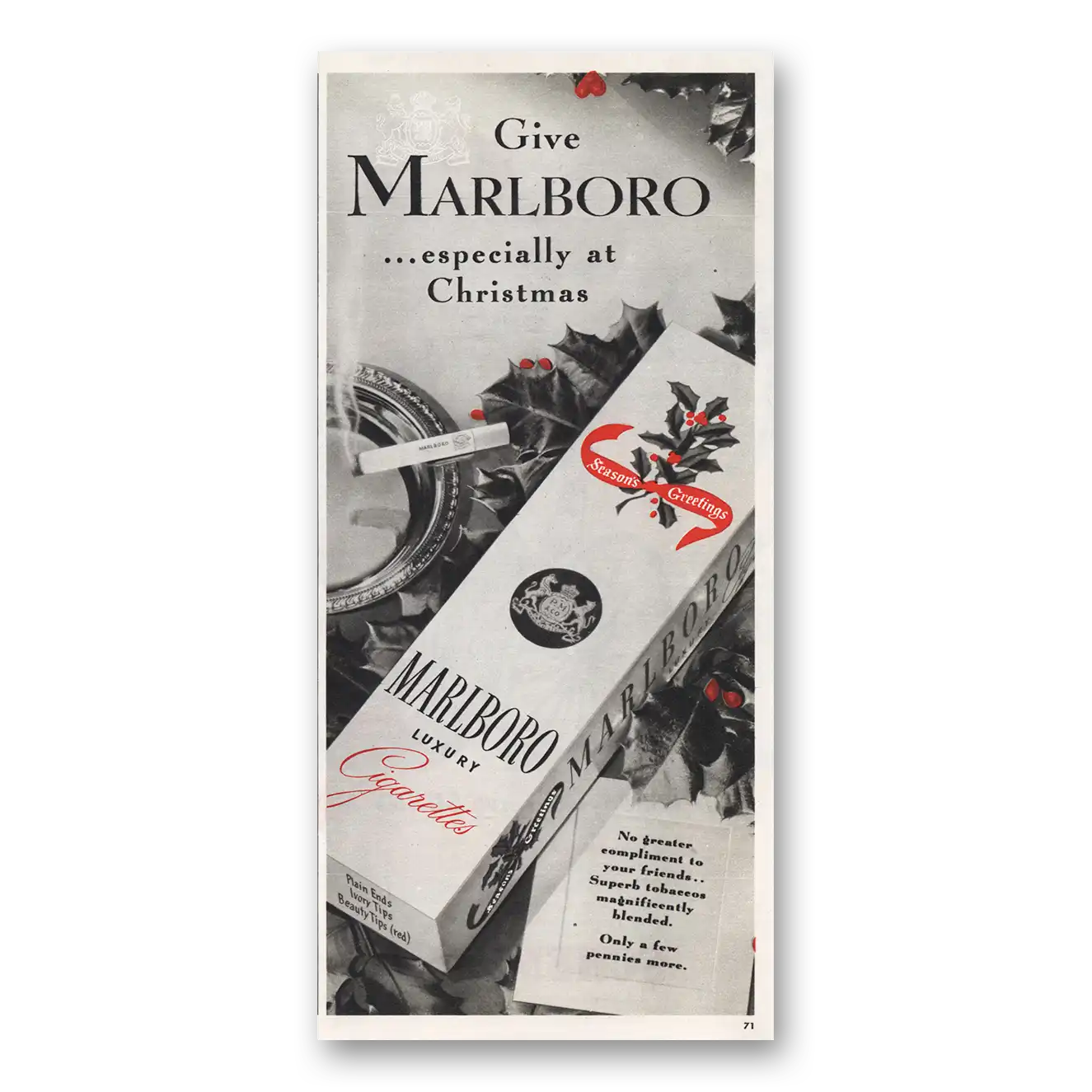 1947 Marlboro Cigarettes Especially at Christmas Vintage Magazine Print Ad