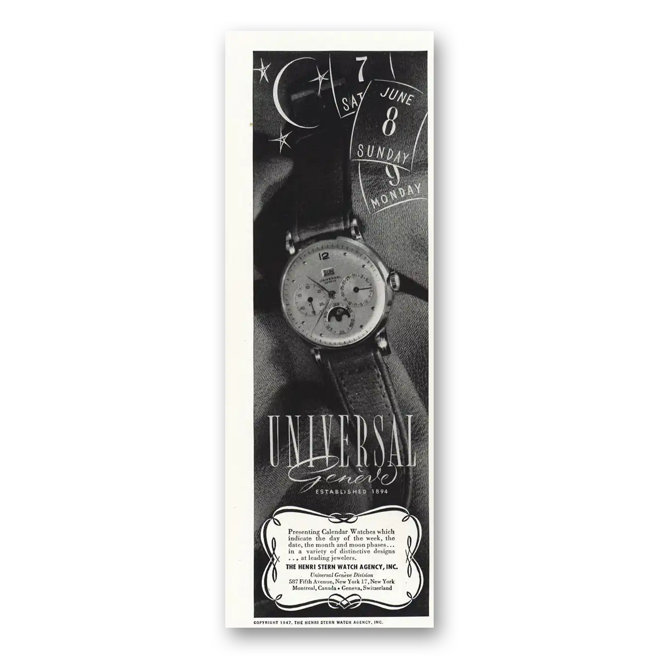 1947 Universal Geneve Watch Calendar Watches Vintage Magazine Print Ad