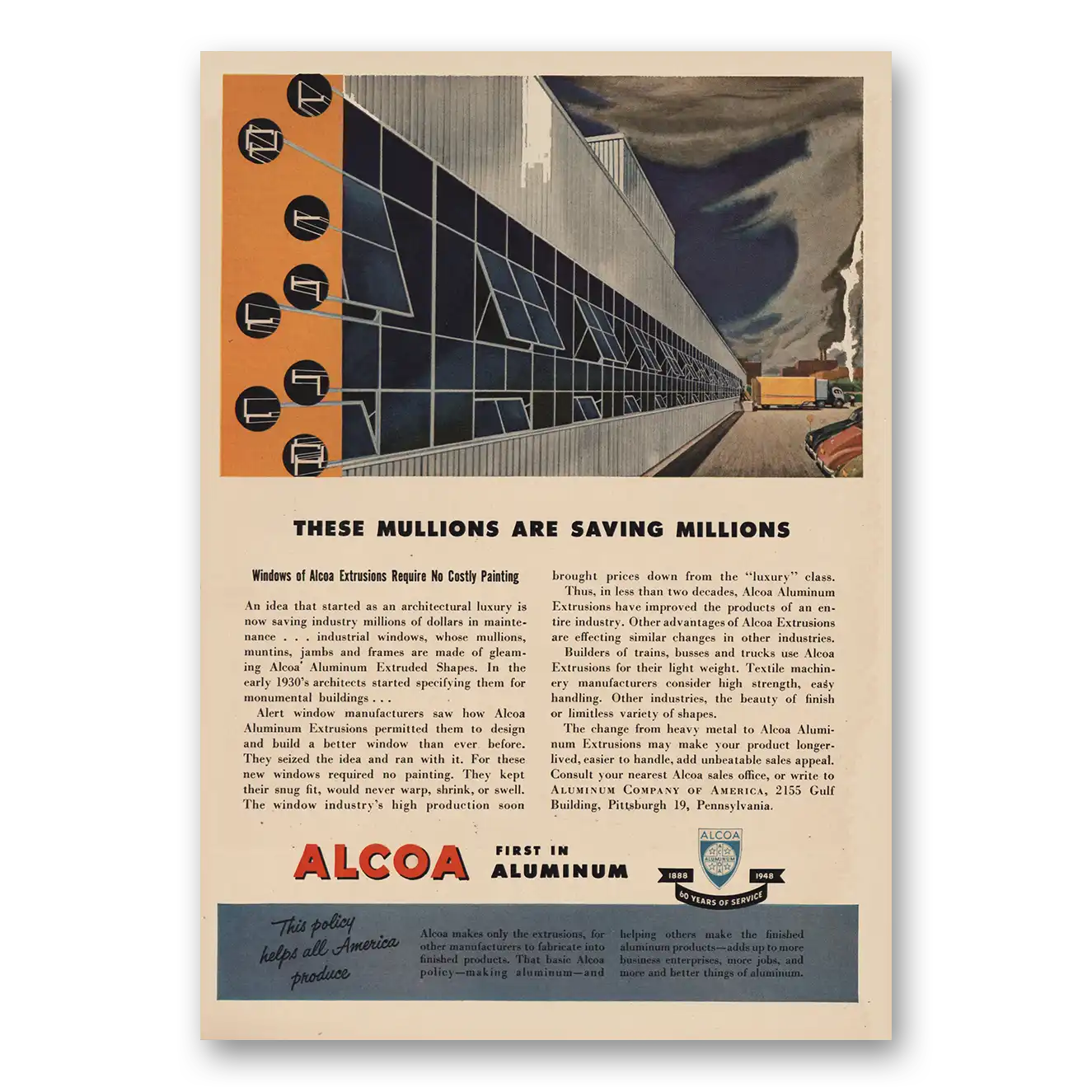 1948 Alcoa These Mullions Saving Millions Vintage Magazine Print Ad