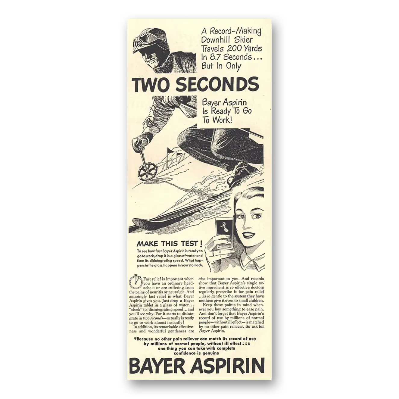 1948 Bayer Aspirin Record Making Downhill Skier Vintage Magazine Print Ad