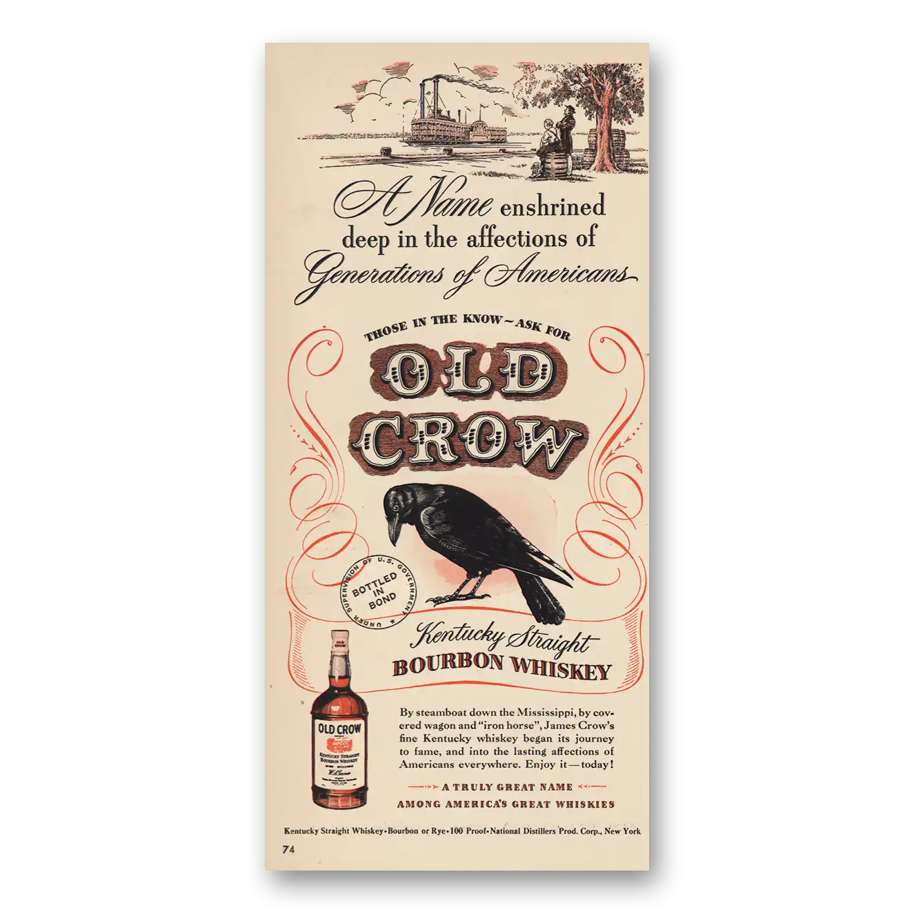 1948 Old Crow Whiskey Generations of Americans Vintage Magazine Print Ad