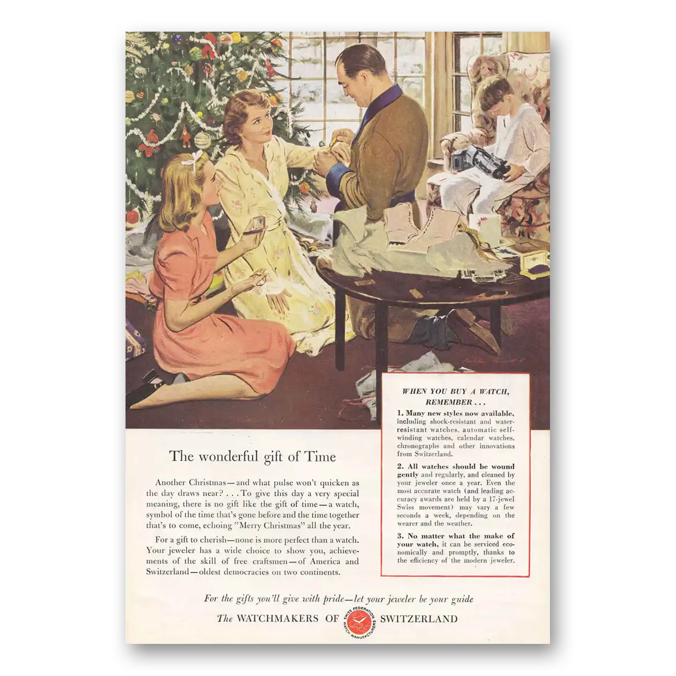 1948 Watchmakers of Switzerland Christmas Gift of Time Vintage Magazine Print Ad