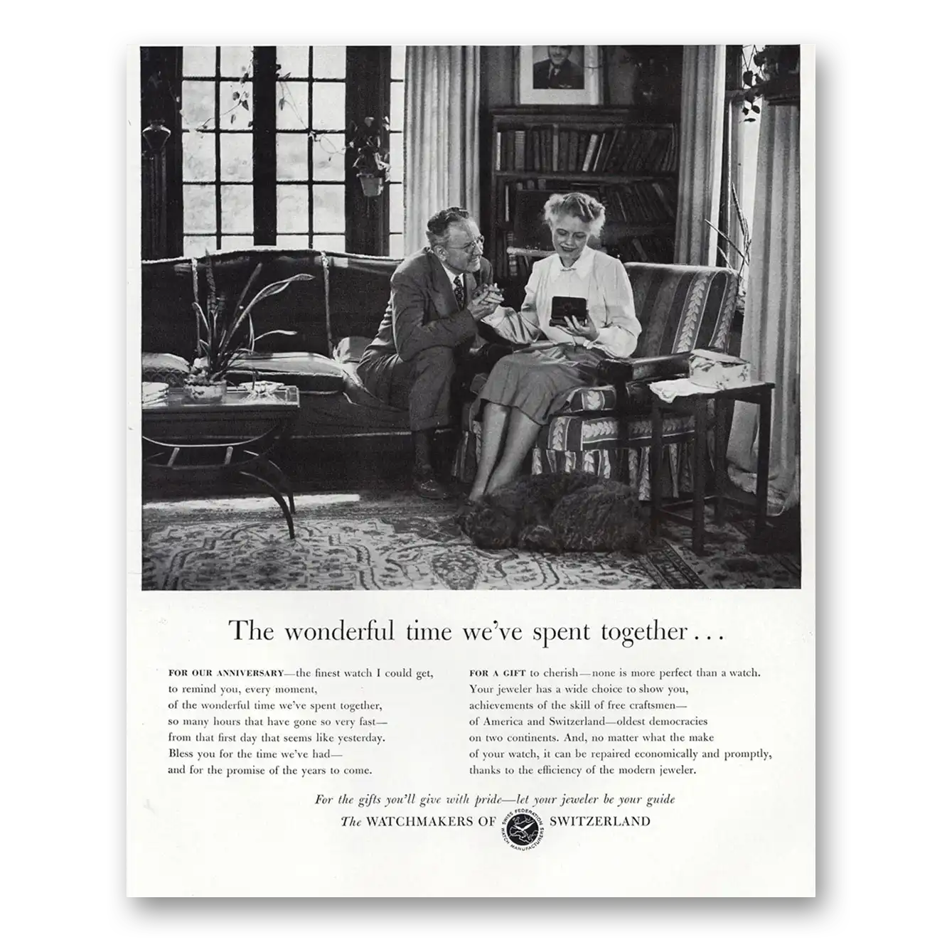 1948 Watchmakers of Switzerland Wonderful Time We've Spent Together Vintage Magazine Print Ad