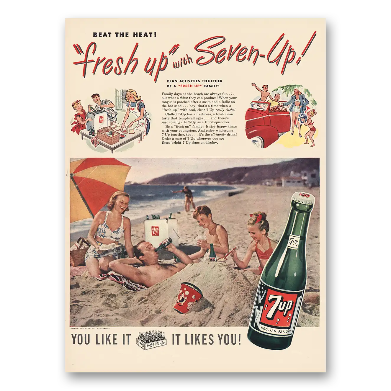 1948 7Up Family Days At the Beach Vintage Magazine Print Ad