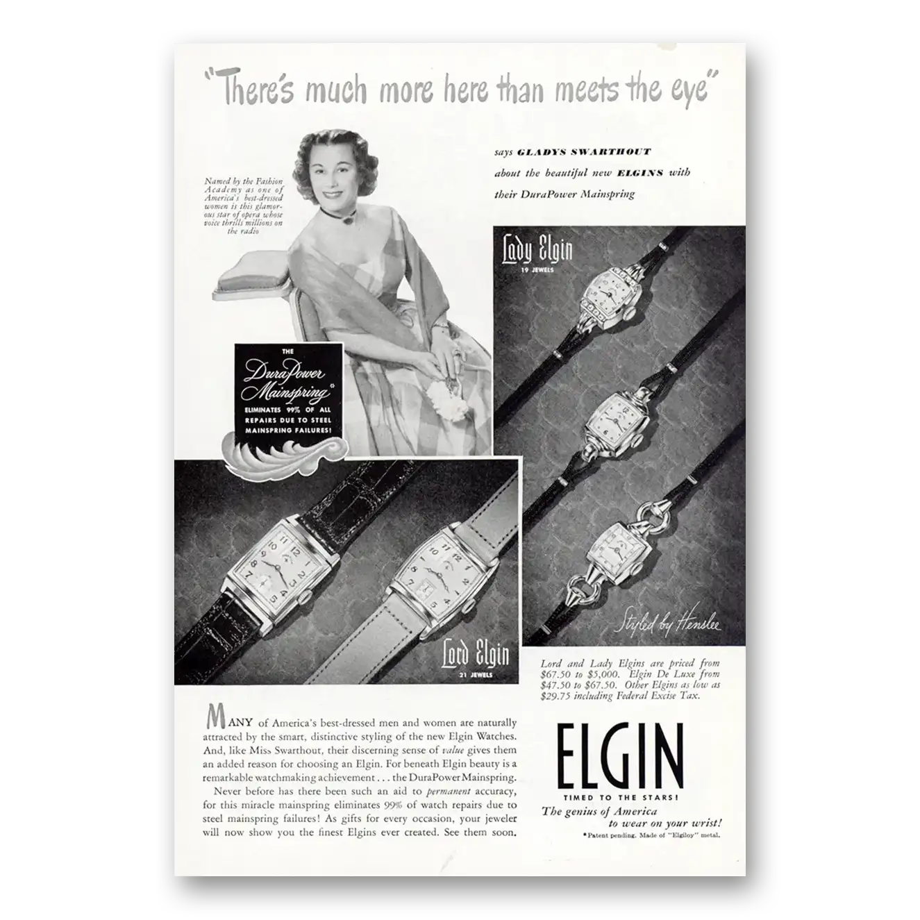1949 Elgin Watch Gladys Swarthout Vintage Magazine Print Ad