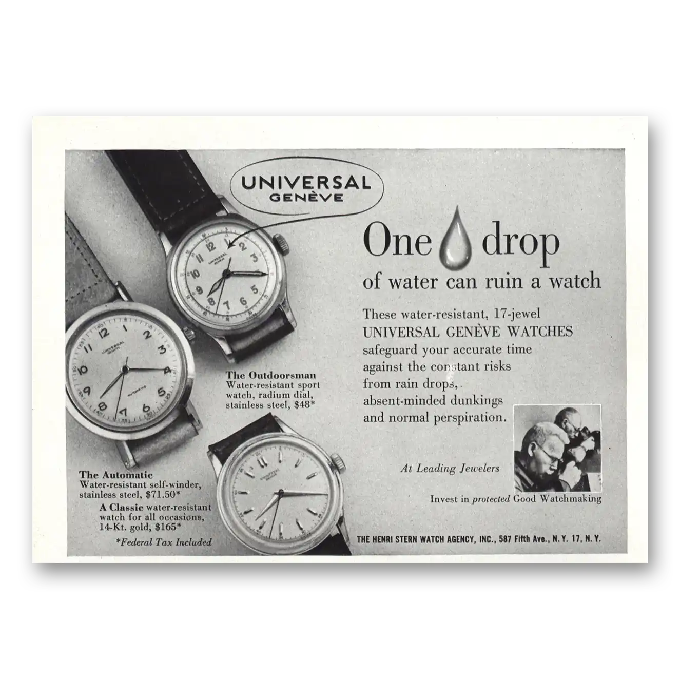 1949 Universal Geneve Watch One Drop of Water Vintage Magazine Print Ad