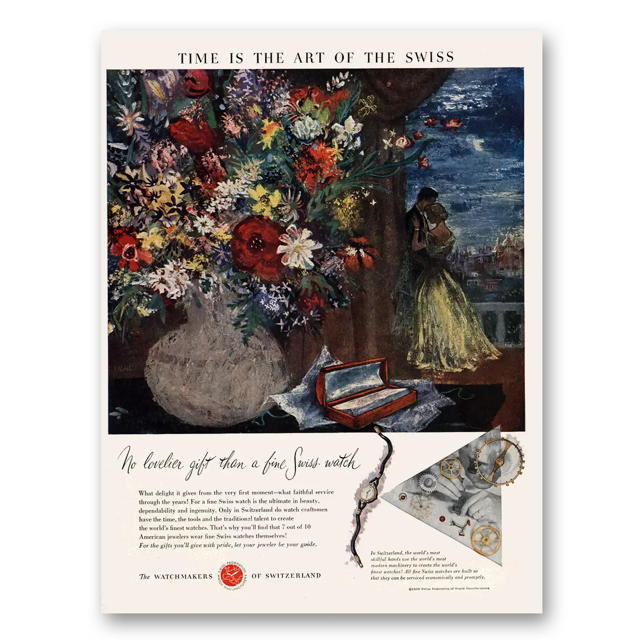 1950 Watchmakers of Switzerland No Lovelier Gift Vintage Magazine Print Ad