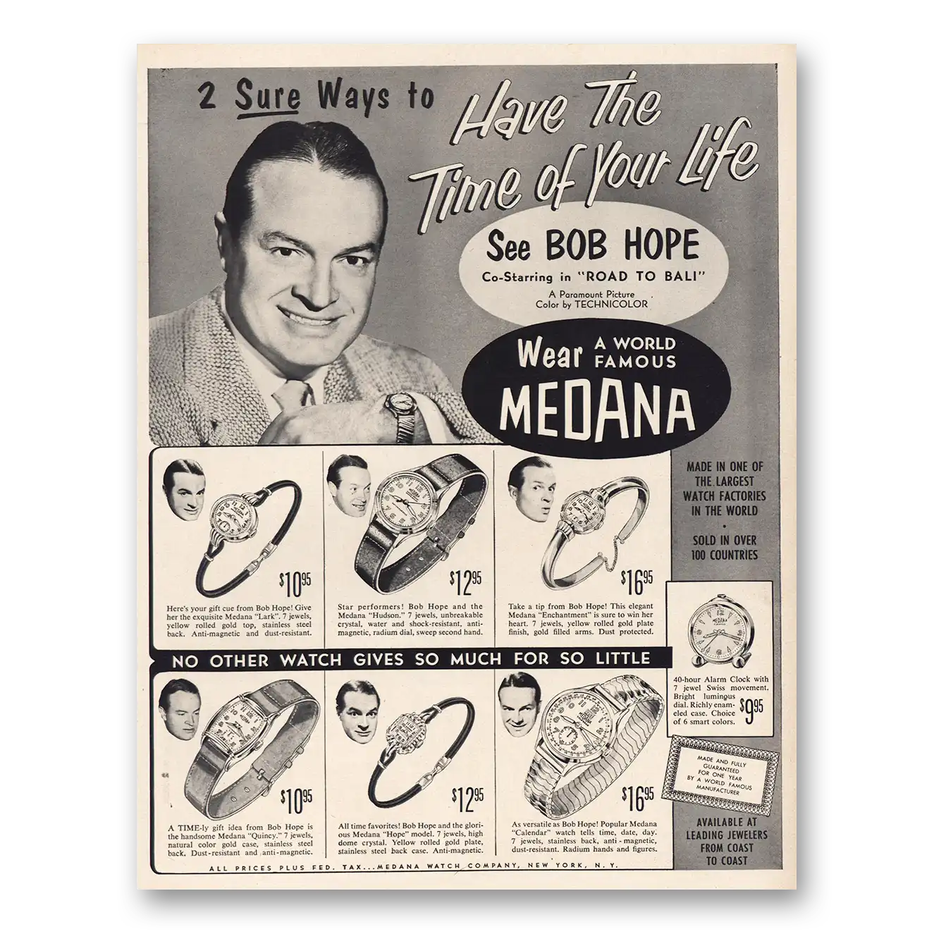 1952 Medana Watch Time of Your Life Bob Hope Vintage Magazine Print Ad