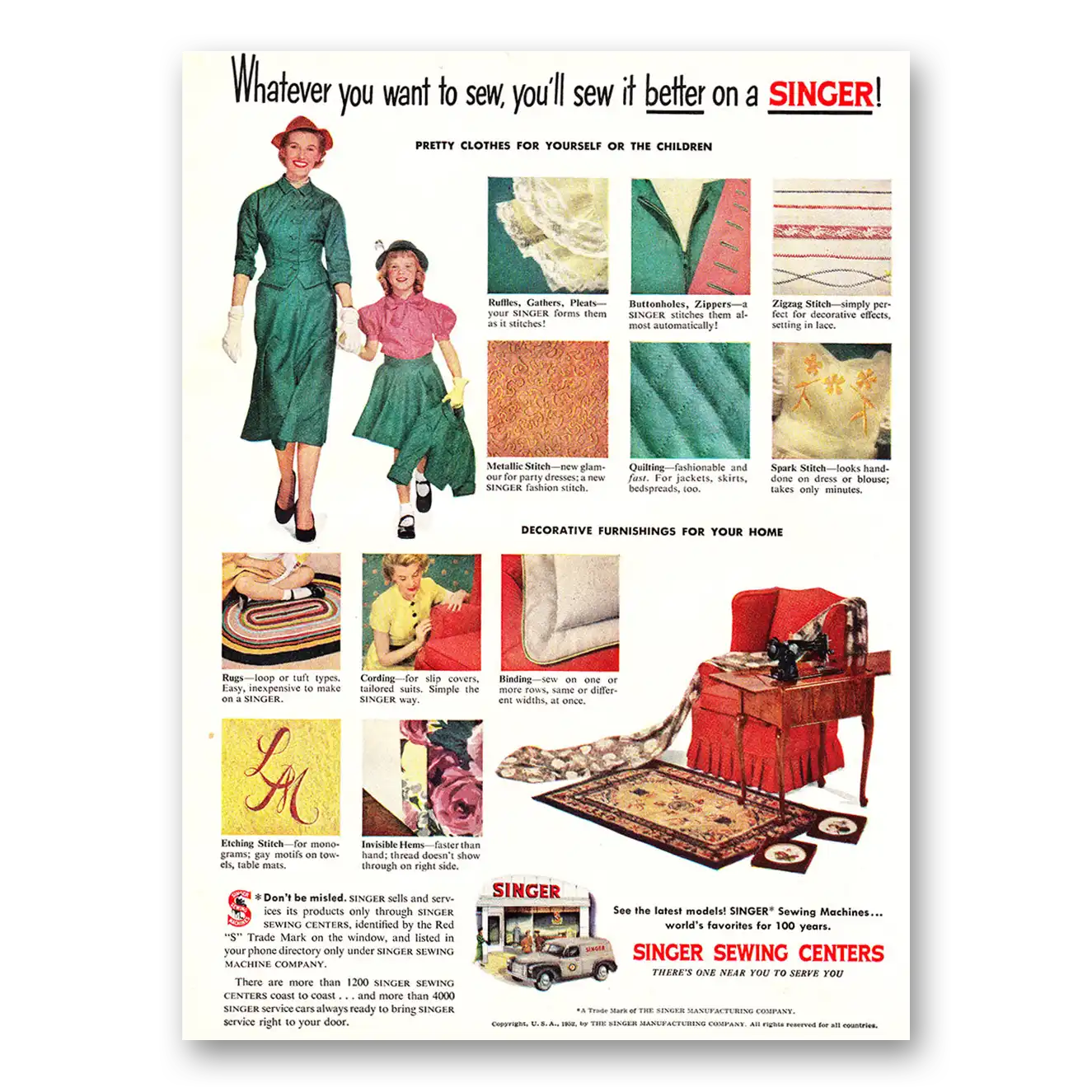 1952 Singer Sewing Centers Whatever You Want To Sew Vintage Magazine Print Ad