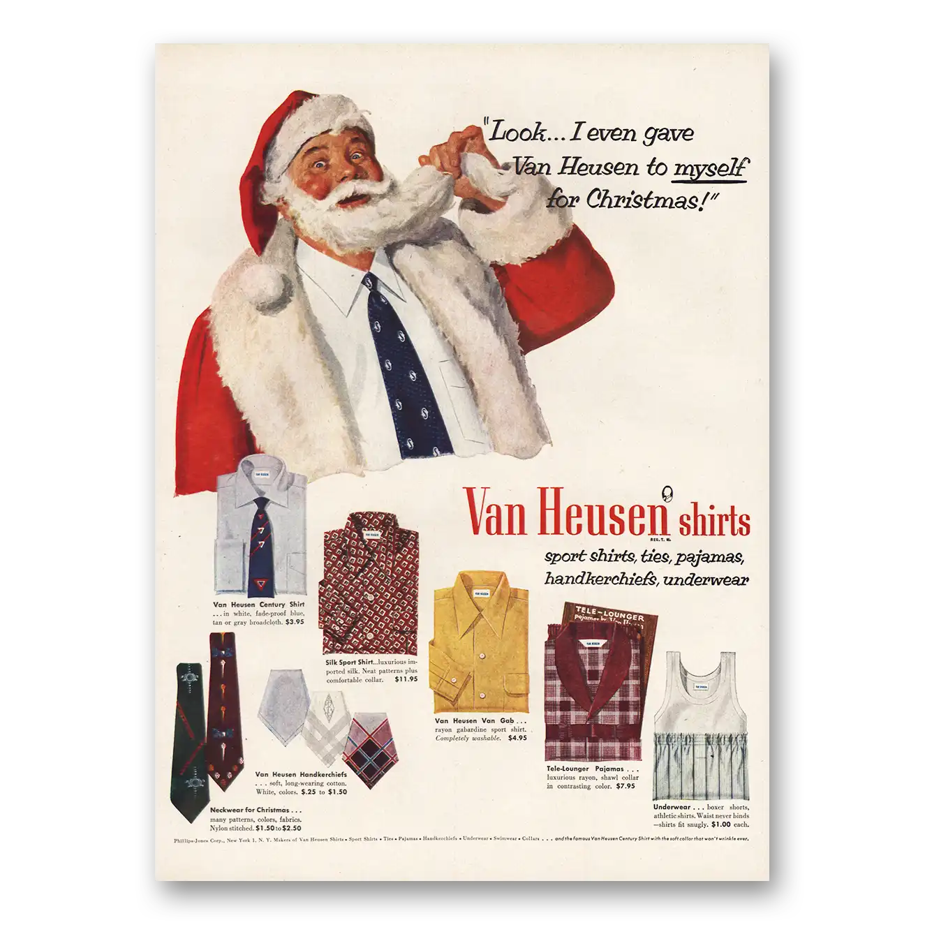 1952 Van Heusen Shirts Christmas Santa Claus Vintage Magazine Print Ad
