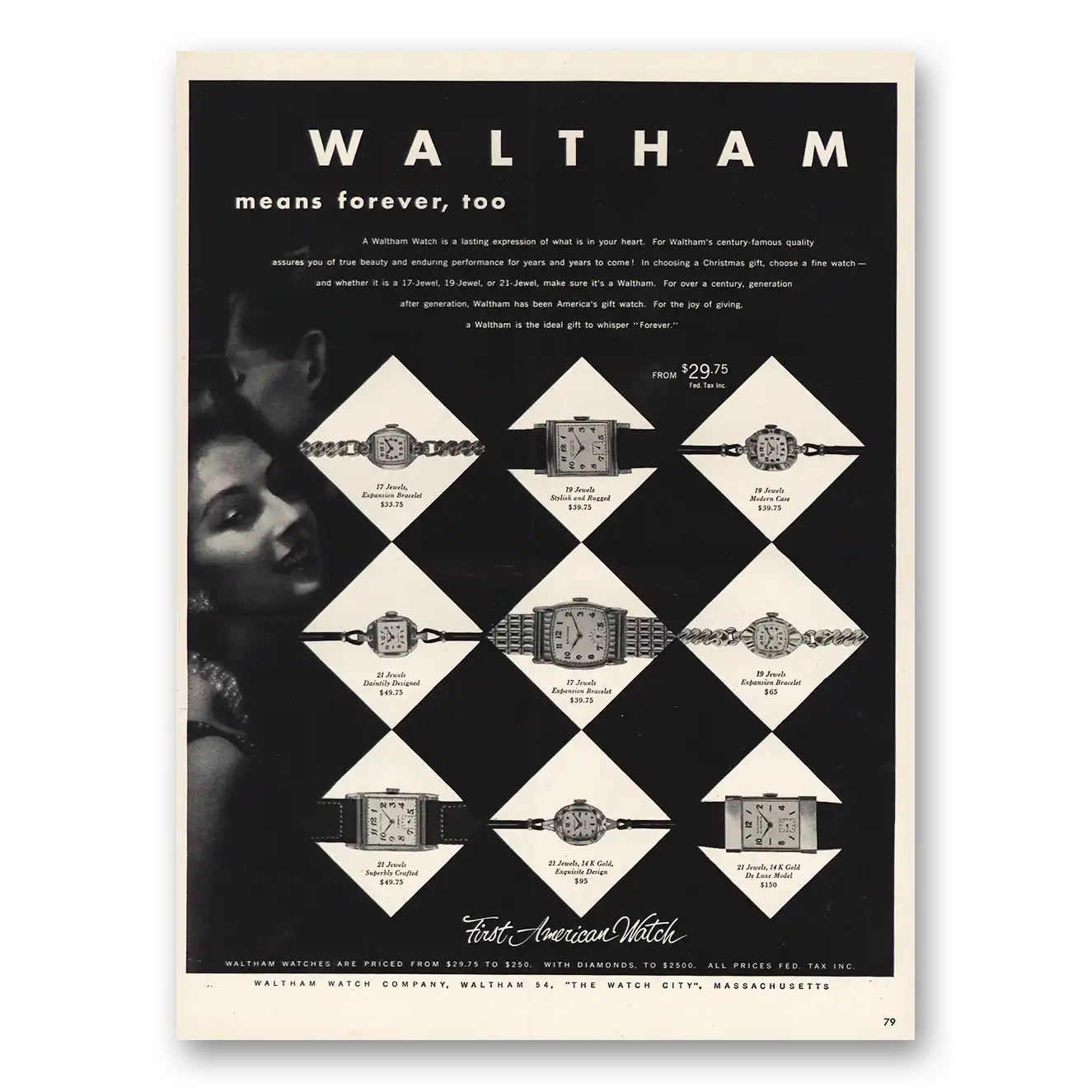 1952 Waltham Watch Means Forever Too Vintage Magazine Print Ad