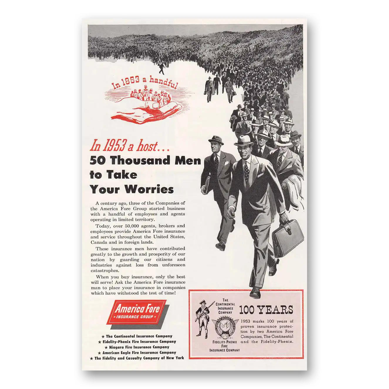 1953 America Fore Insurance Men to Take Your Worries Vintage Magazine Print Ad
