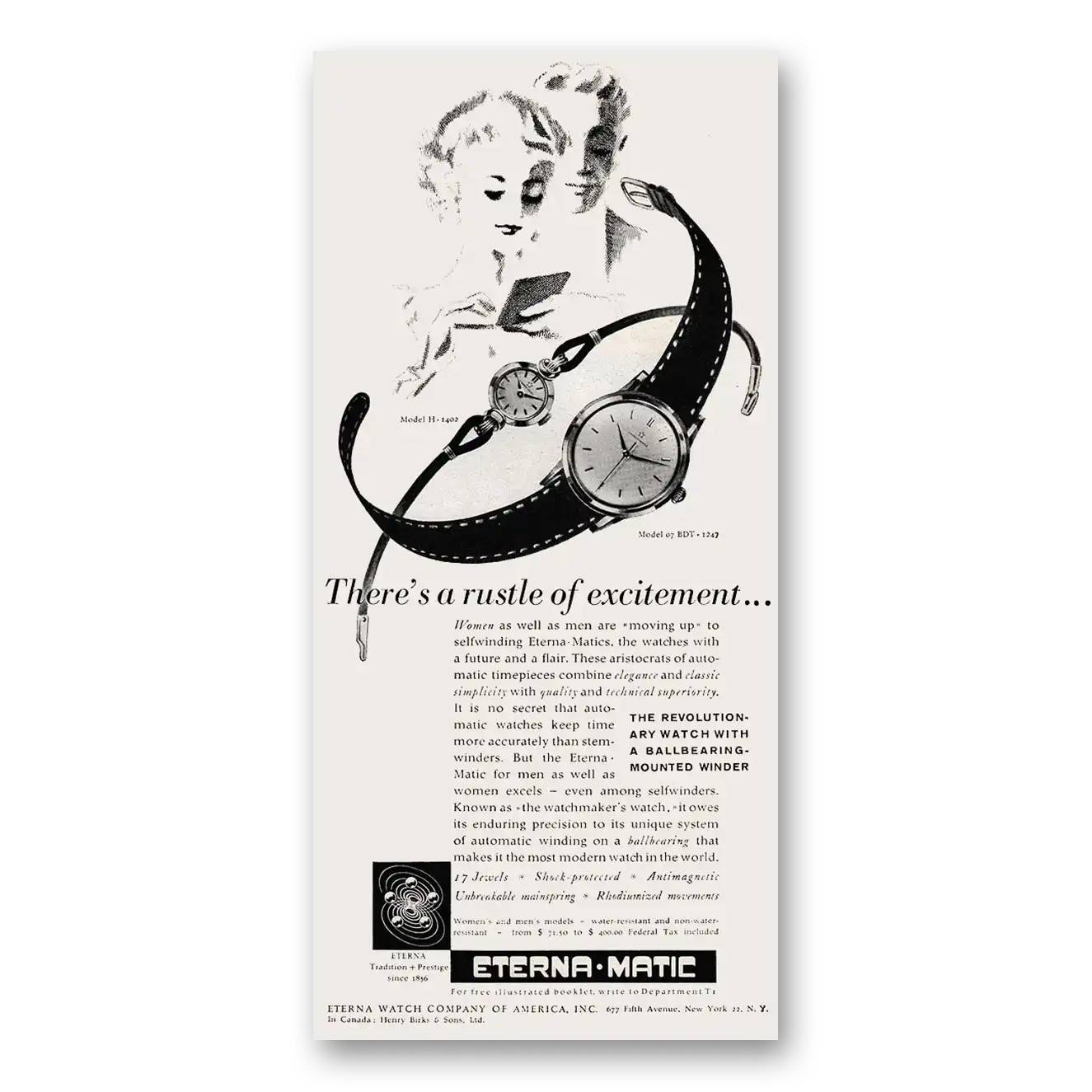 1953 Eterna Watch Magic Watch Rustle of Excitement Vintage Magazine Print Ad
