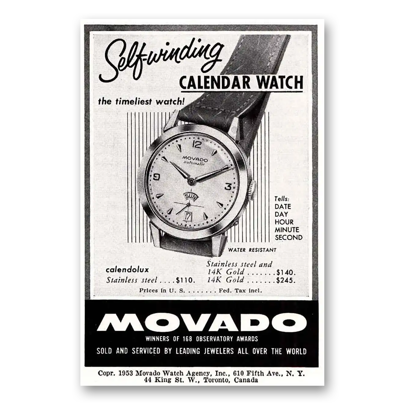 1953 Movado Watch Selfwinding Vintage Magazine Print Ad