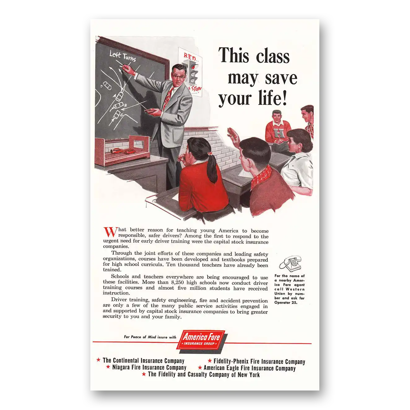 1954 America Fore Insurance This Class May Save Your Life Vintage Magazine Print Ad