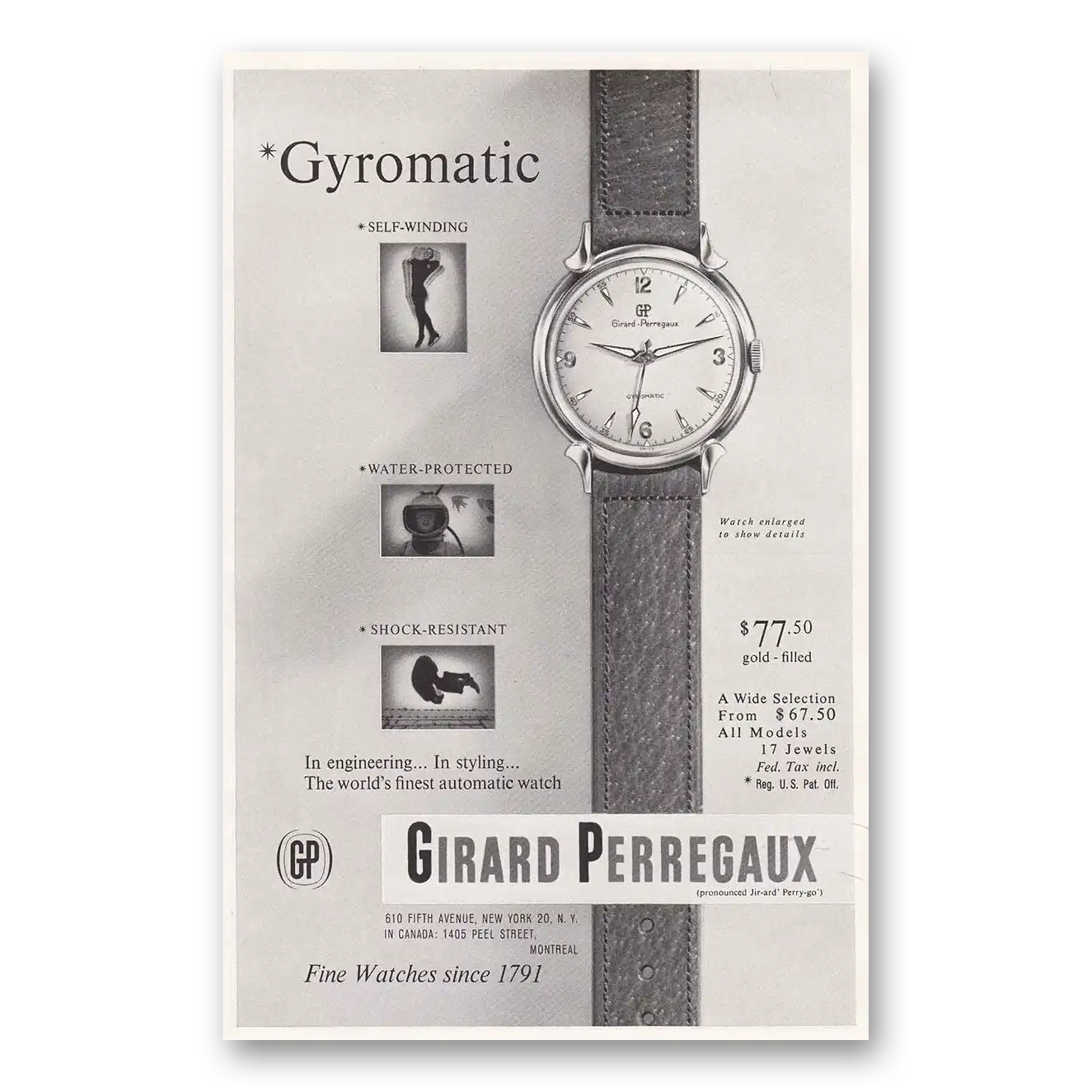 1954 Girard Perregaux Gyromatic Watch Vintage Magazine Print Ad