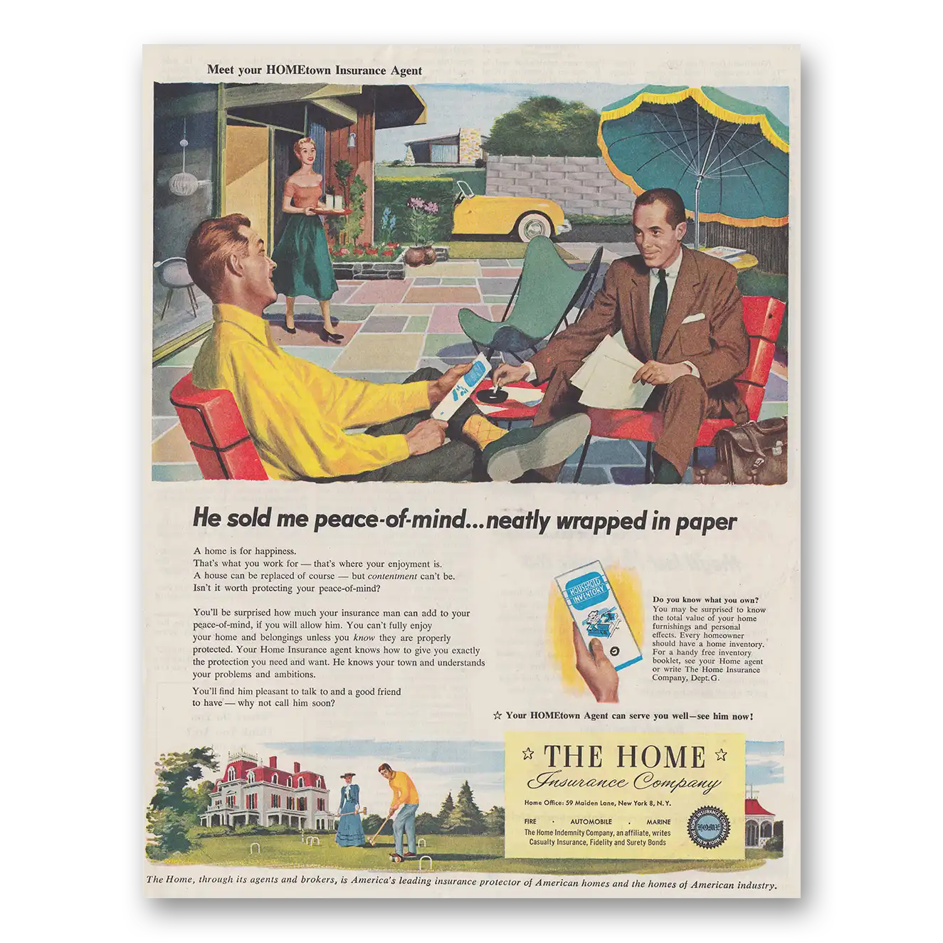 1954 Home Insurance He Sold Me Peace of Mind Vintage Magazine Print Ad