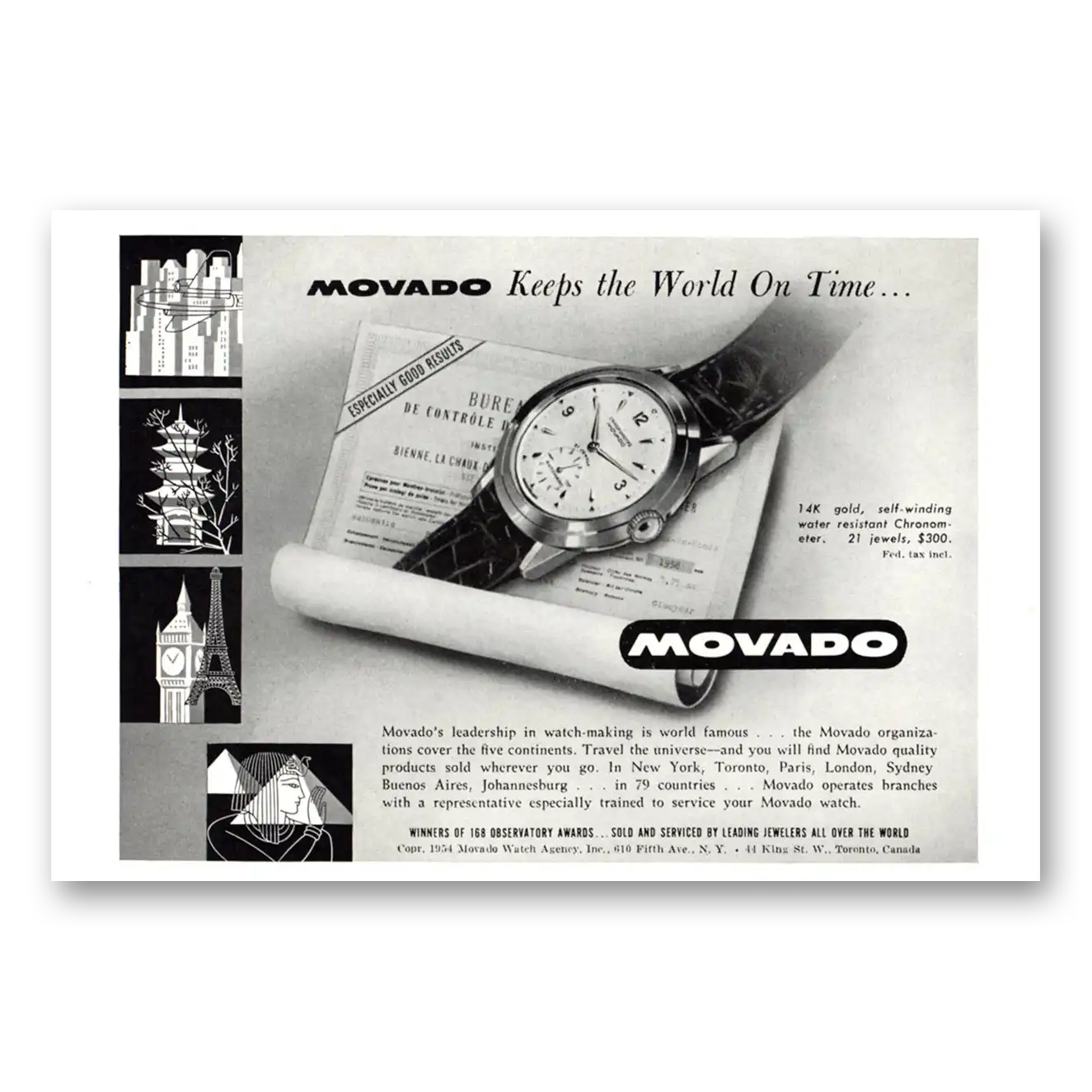 1954 Movado Watch Chronometer Keeps the World on Time Vintage Magazine Print Ad