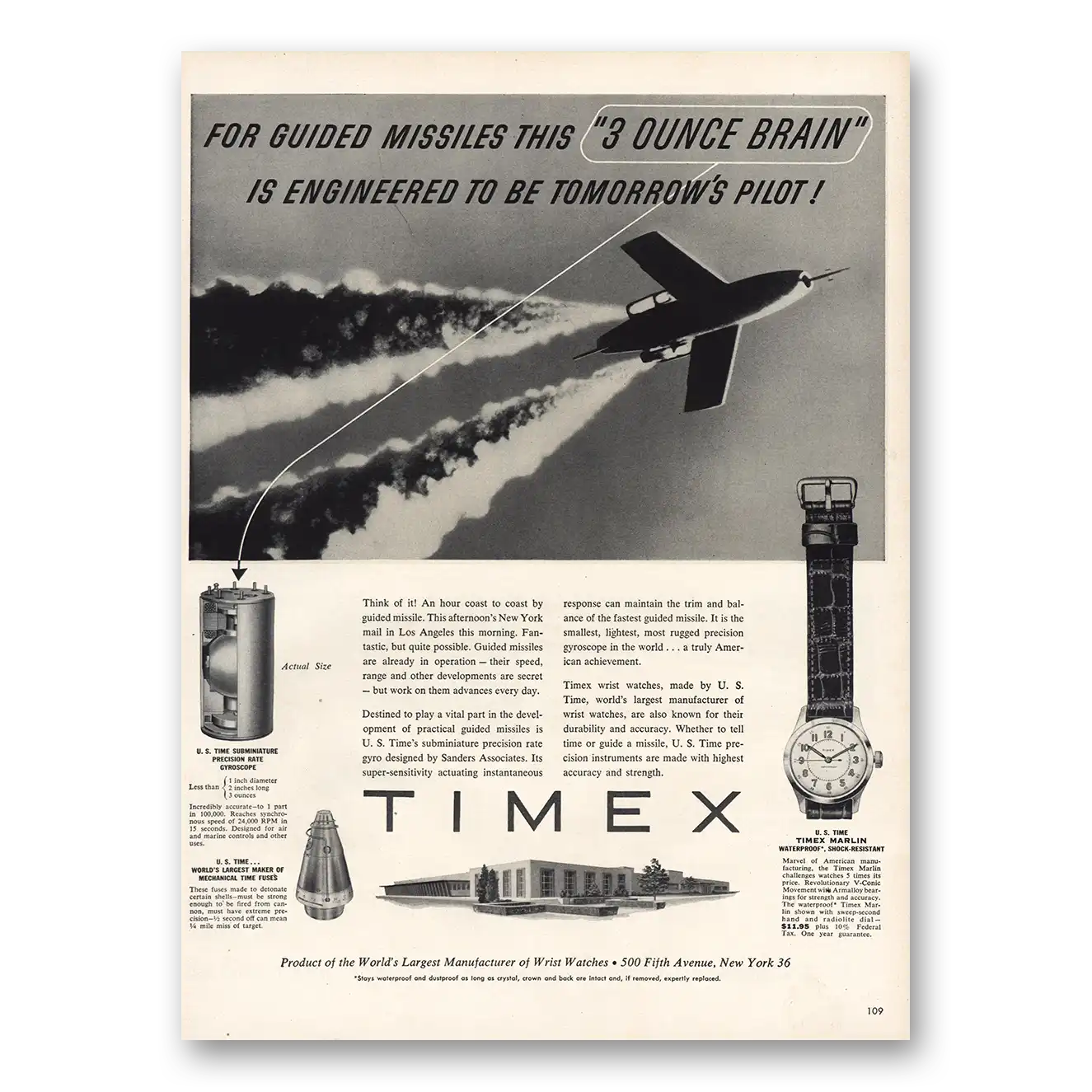 1954 Timex Watch Guided Missiles Engineered Vintage Magazine Print Ad