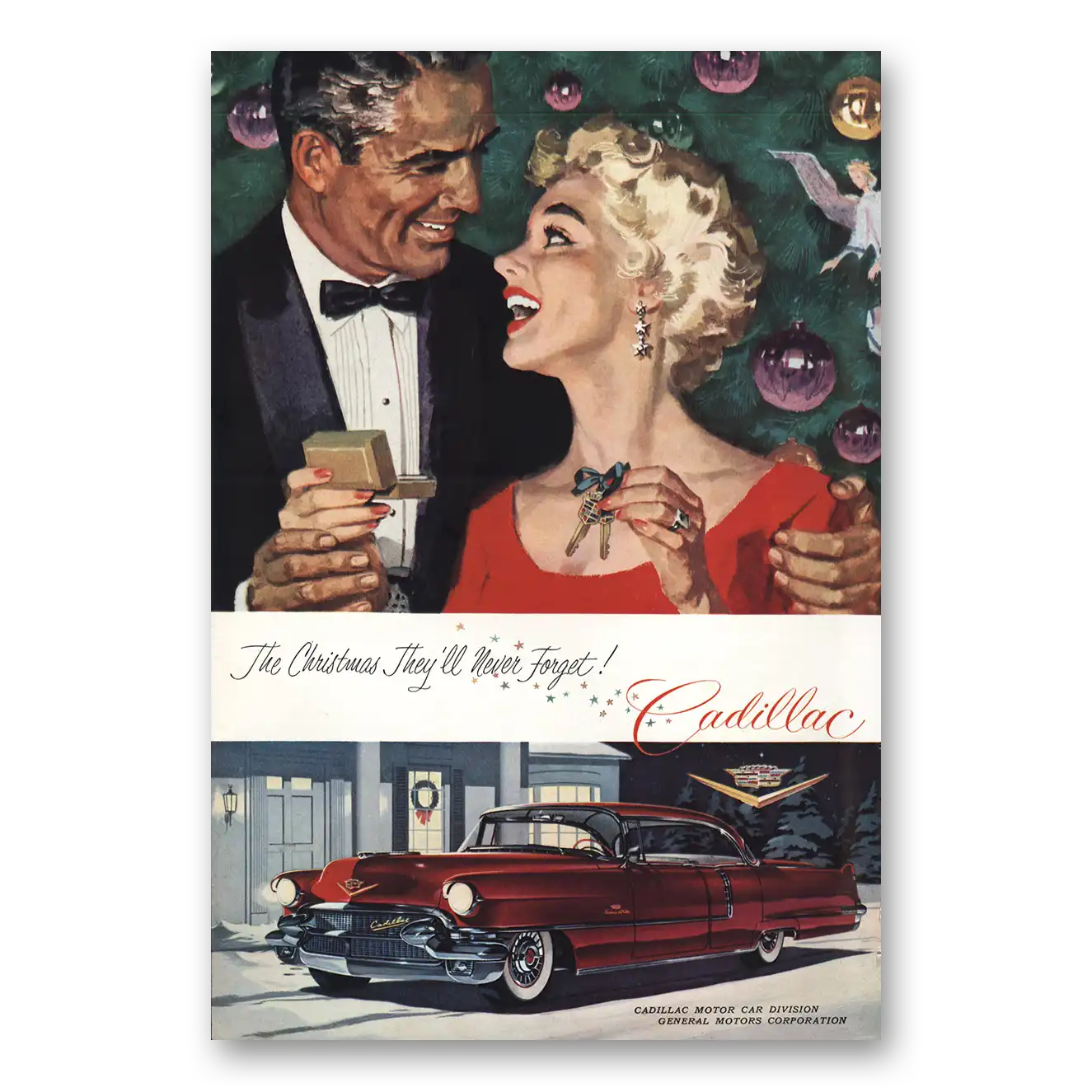 1955 Cadillac Christmas They'll Never Forget Vintage Magazine Print Ad