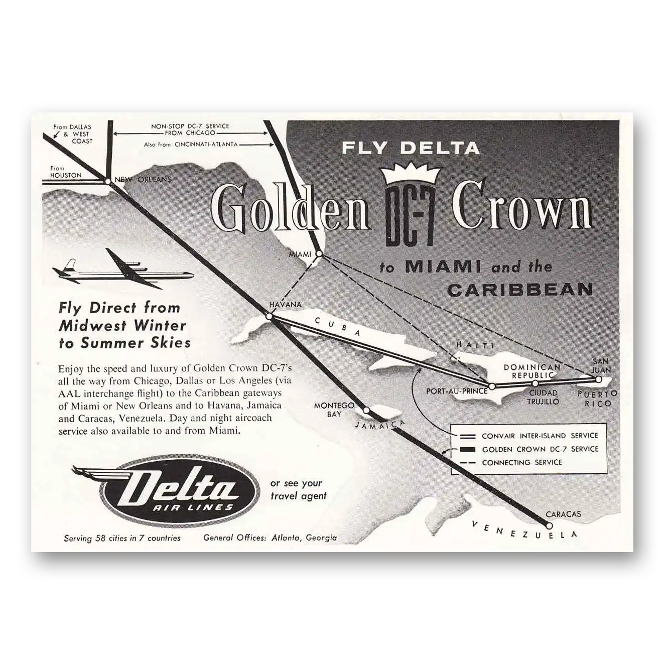 1955 Delta Air Lines Golden DC 7 Crown Vintage Magazine Print Ad