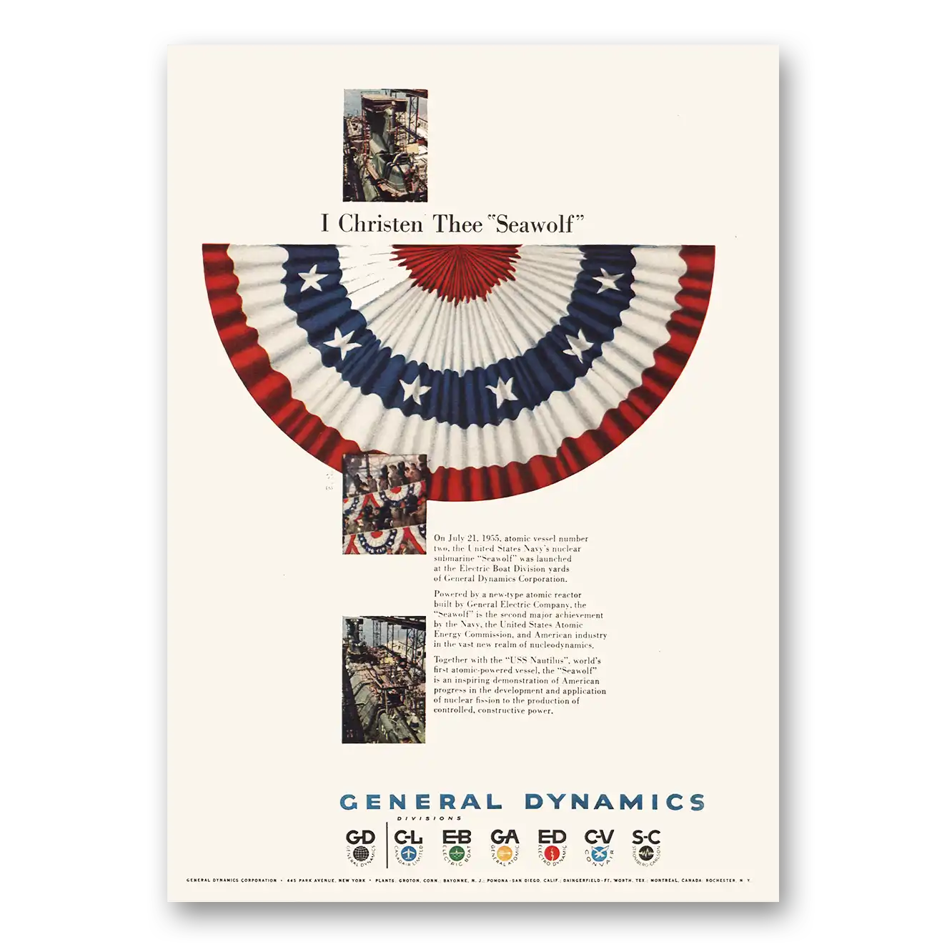 1955 General Dynamics I Christen Thee Seawolf Vintage Magazine Print Ad