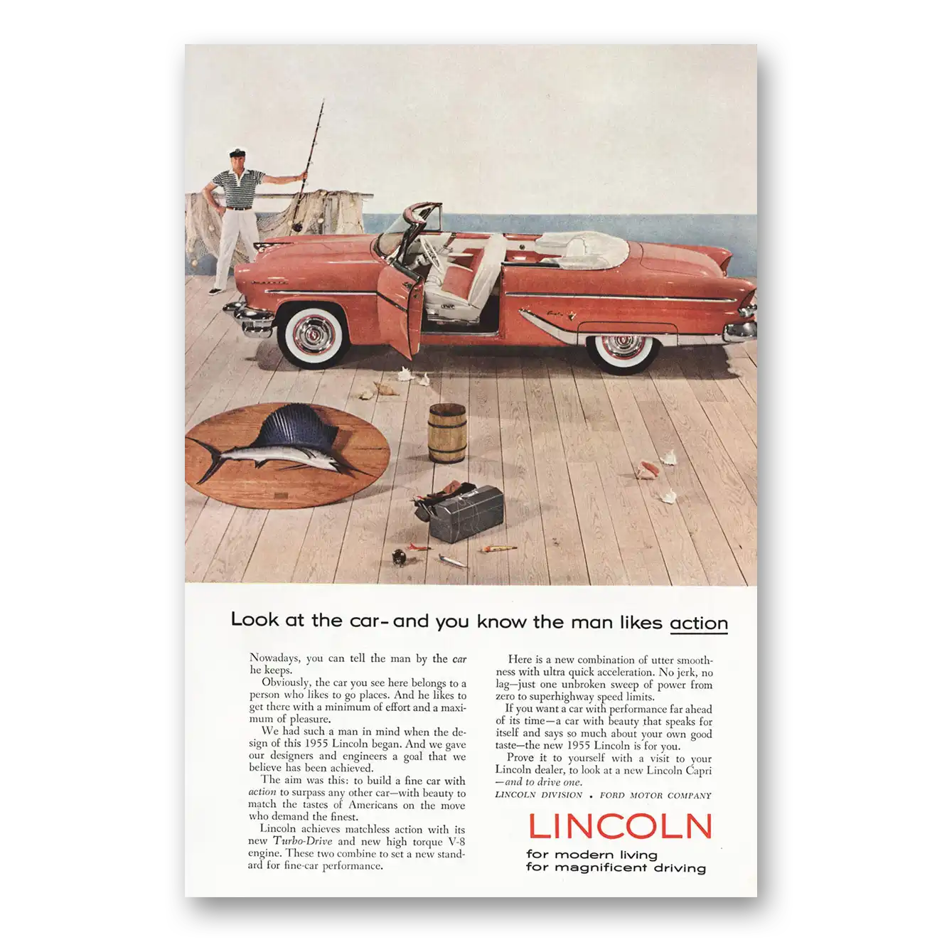 1955 Lincoln Convertible Look at the Car and You Know the Man Likes Action Vintage Magazine Print Ad