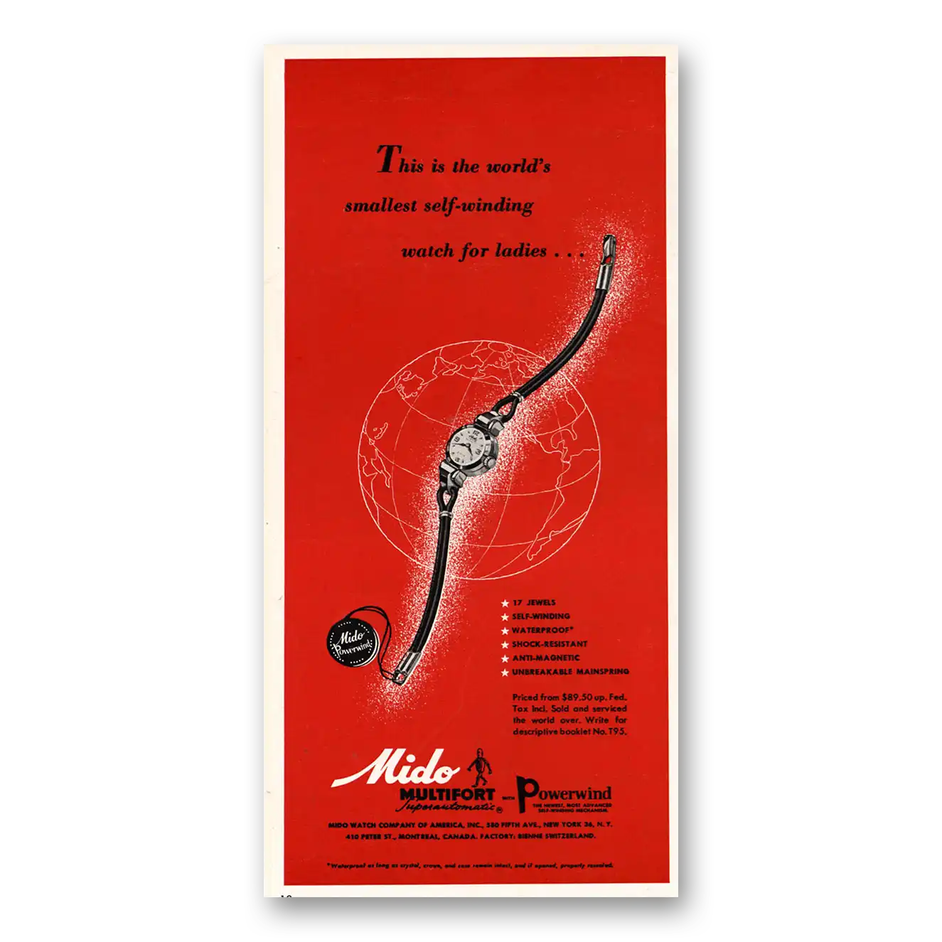 1955 Mido Watch Worlds Smallest Self Winding Watch for Women Vintage Magazine Print Ad