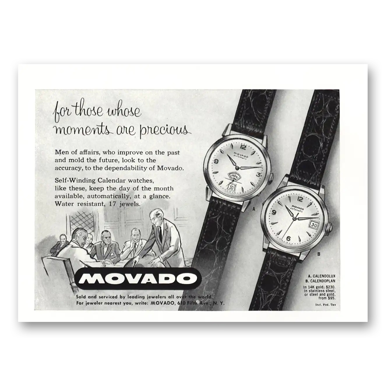 1955 Movado Watch Calendolux Calendoplan Vintage Magazine Print Ad